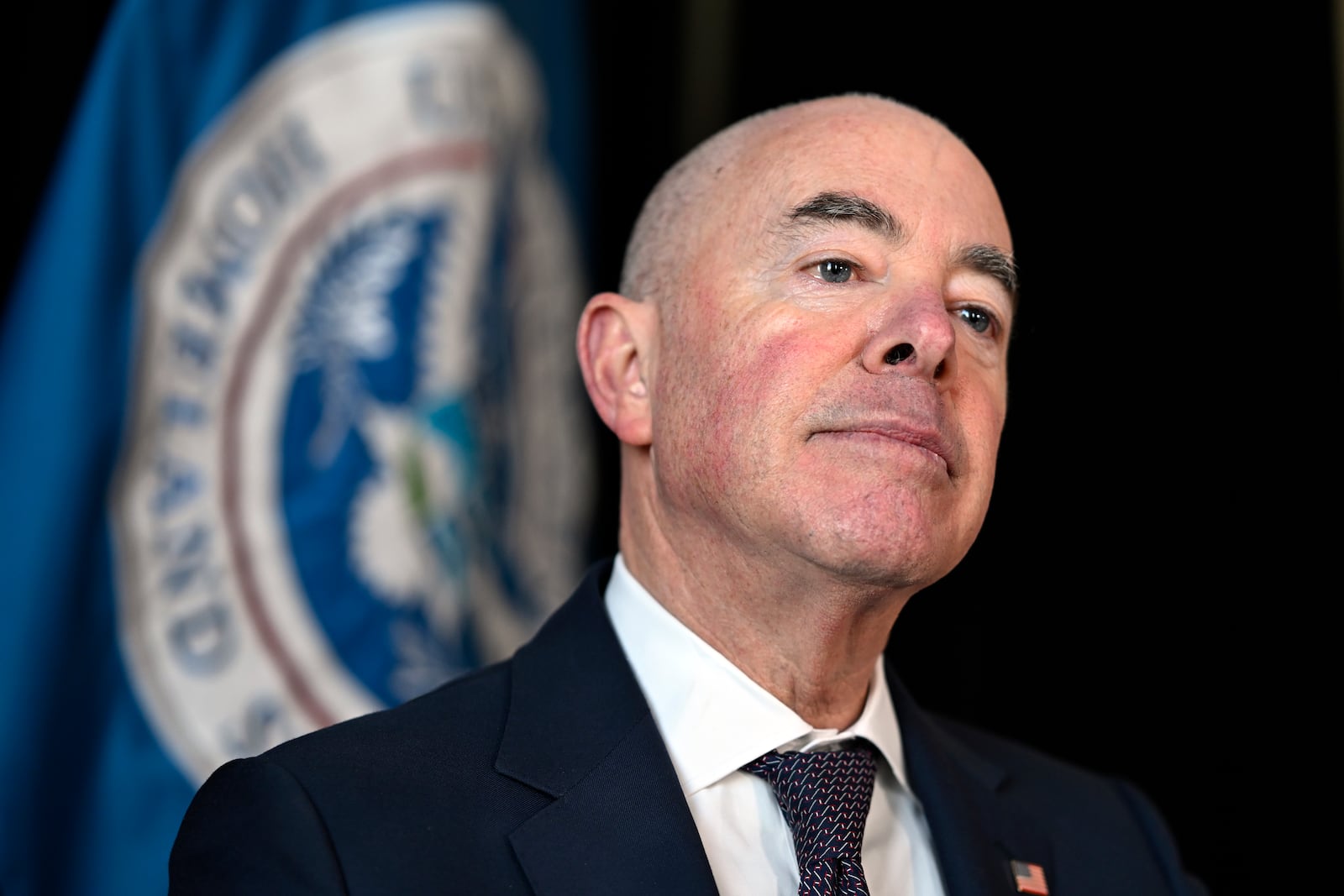 Outgoing Homeland Security Secretary Alejandro Mayorkas during a press interview on Friday, Jan. 10, 2025, in Washington. (AP Photo/John McDonnell)