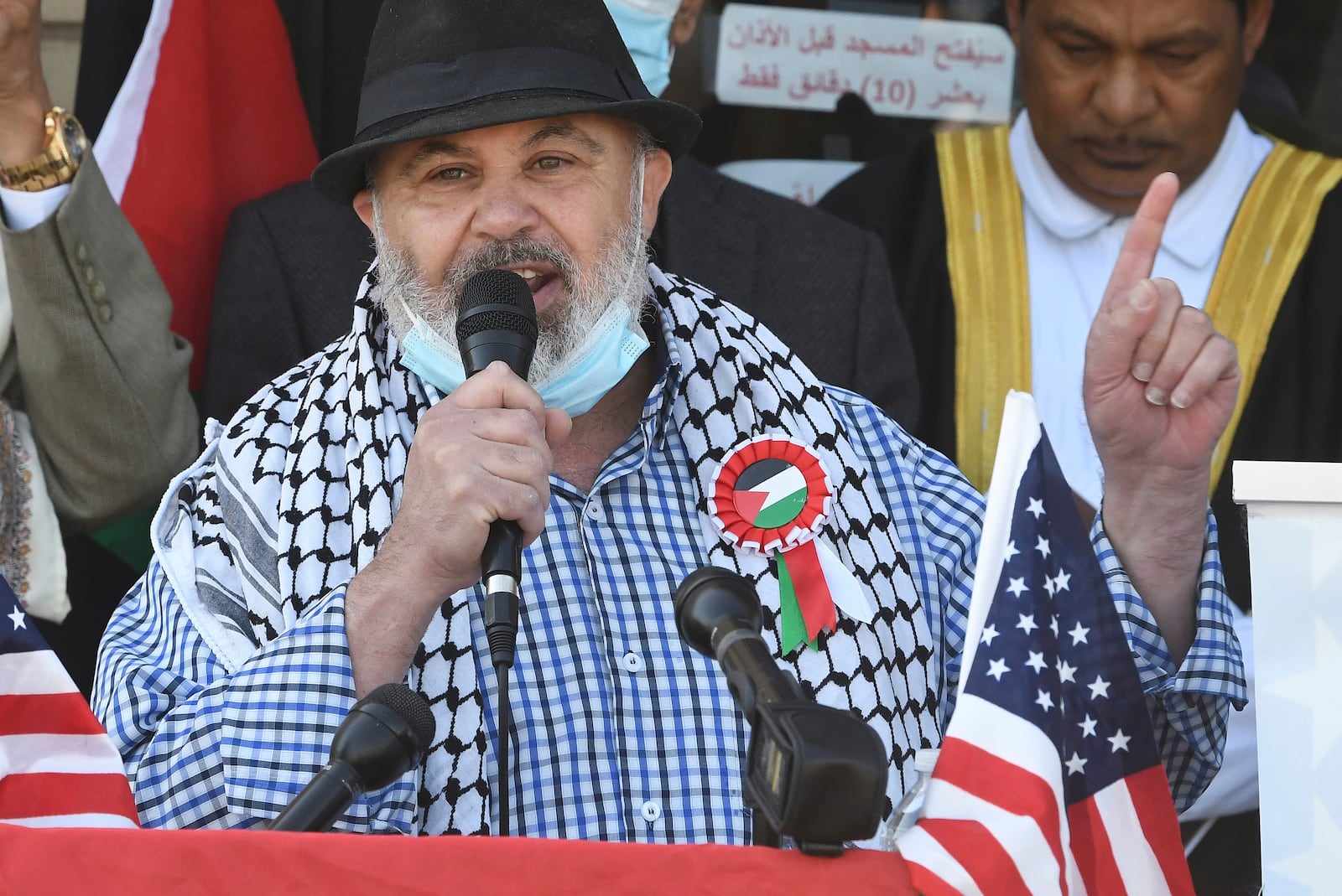 FILE - Imad Hamad, executive Director of the American Human Rights Council (AHRC) speaks during a news conference outside the AMS Mosque in Dearborn, Mich., May 18, 2021. (Daniel Mears /Detroit News via AP, File)