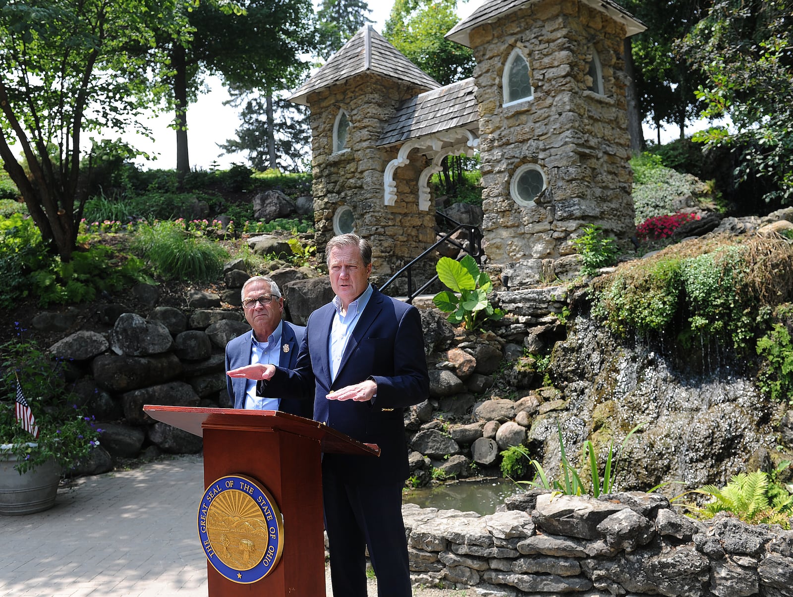 Congressman Mike Turner, right, and Congressman Mike Bost, Chairman of the House Veterans' Affairs Committee, held a press conference at the Grotto Gardens Wednesday, Aug 2, 2023 following their tour of the Dayton Veterans Affairs Medical Center Complex. MARSHALL GORBY\STAFF