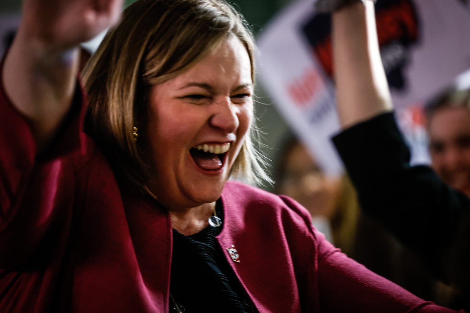 Former Dayton mayor Nan Whaley celebrates Tuesday night, May 3, 2022, at the Montgomery County Democratic Party headquarters in downtown Dayton. Whaley won the Democratic nomination for Ohio governor in Tuesday's primary election. JIM NOELKER/STAFF