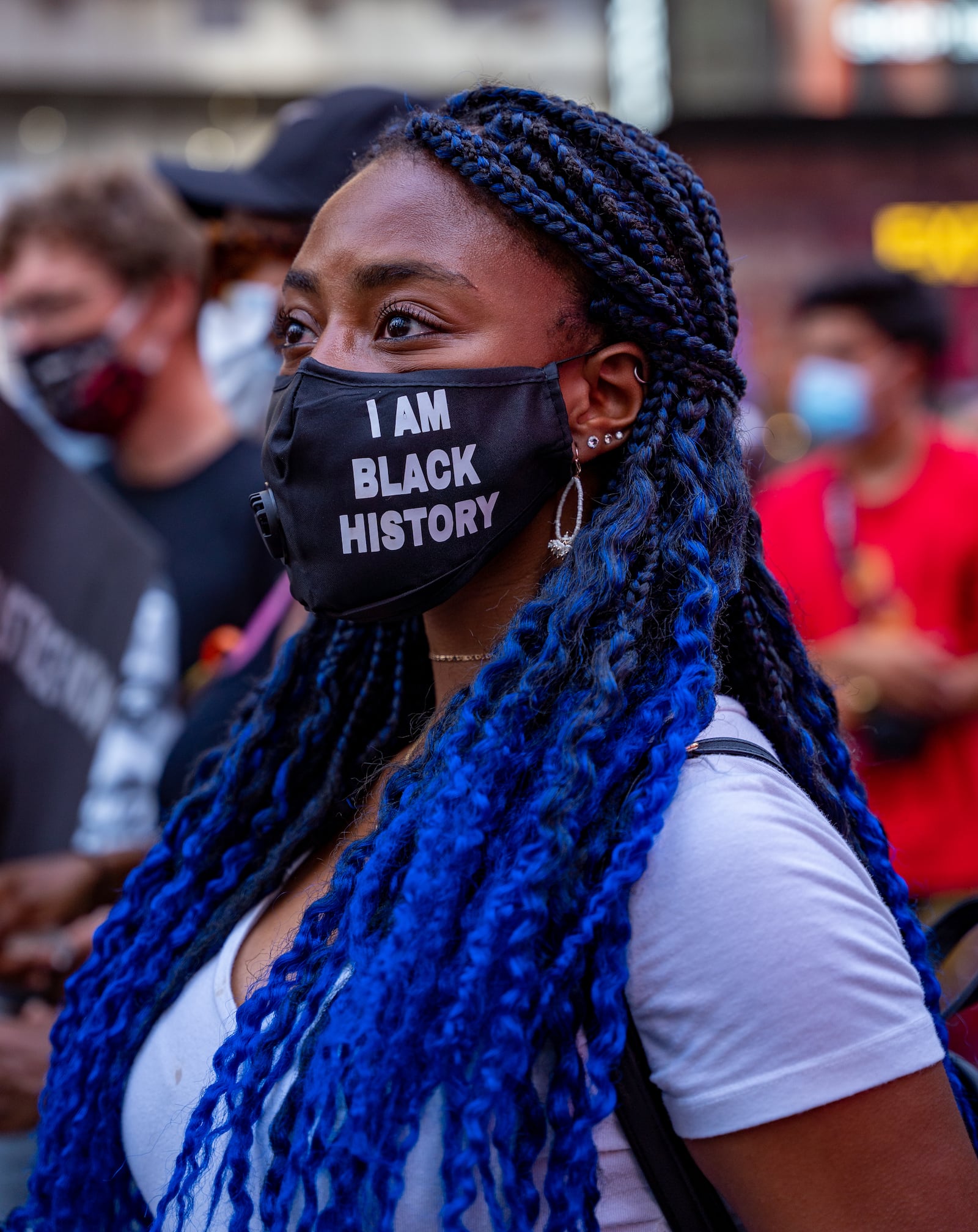 New York City, NY/ USA - July 26th, 2020 - Black Womans/Womxns March Protest - New York City - Solo Black Female wearing coronavirus covid mask- I am Black History Mask