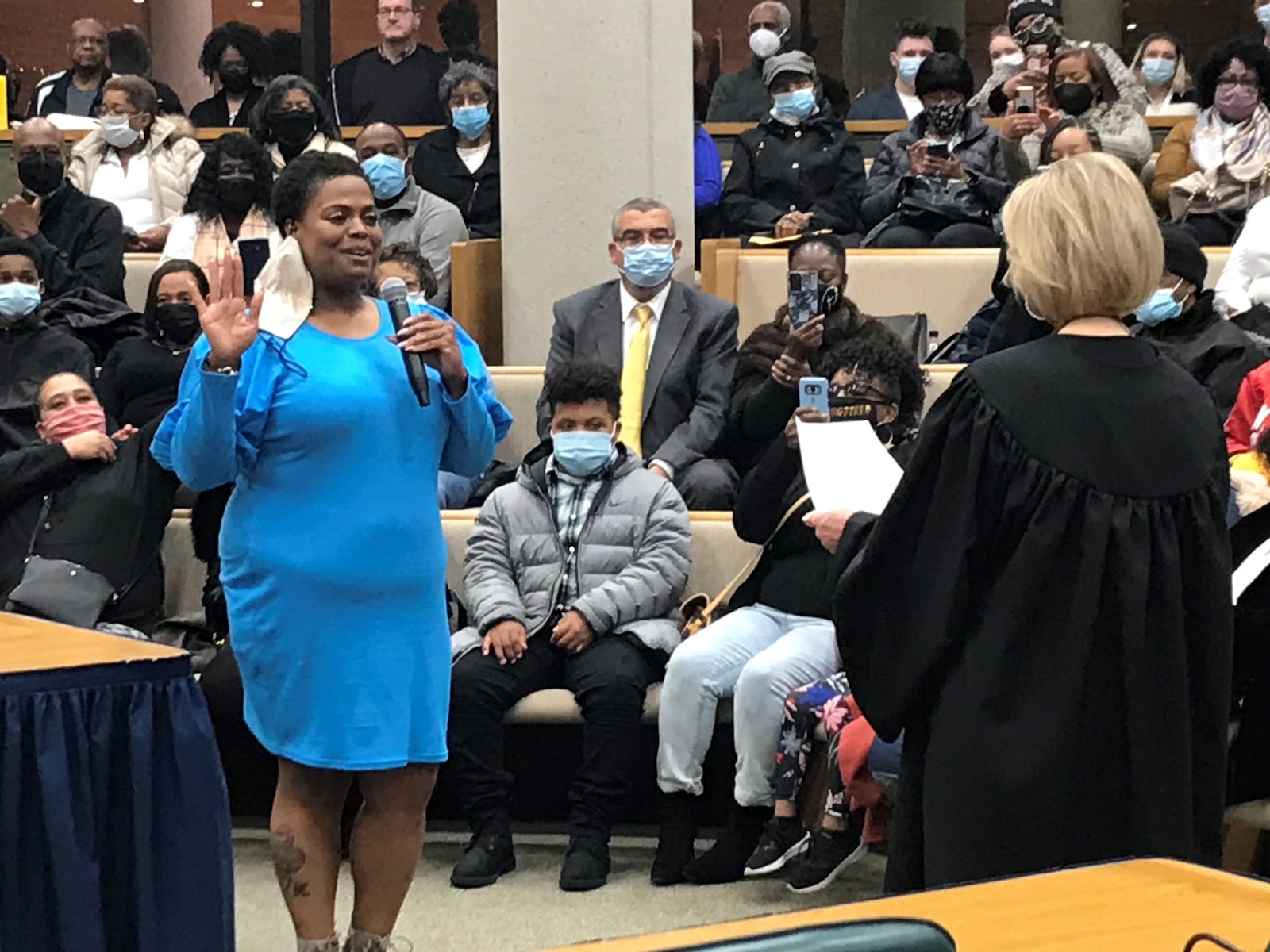 Recently elected Springfield City Commissioner Krystal Phillips takes an oath of office during her first public meeting in her new role. Hasan Karim/Staff