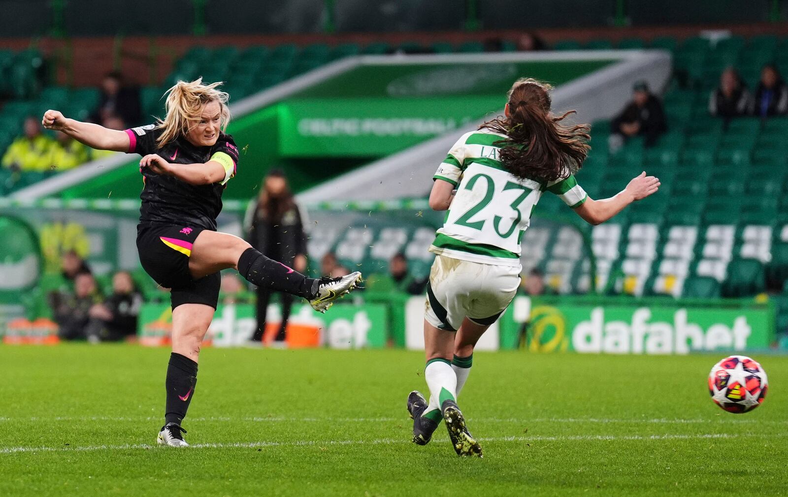 Chelsea's Erin Cuthbert shoots at goal, during the Women's Champions League, group B soccer match between Celtic Women and Chelsea Women, at Celtic Park, Glasgow, Scotland, Wednesday Nov. 13, 2024. (Andrew Milligan/PA via AP)