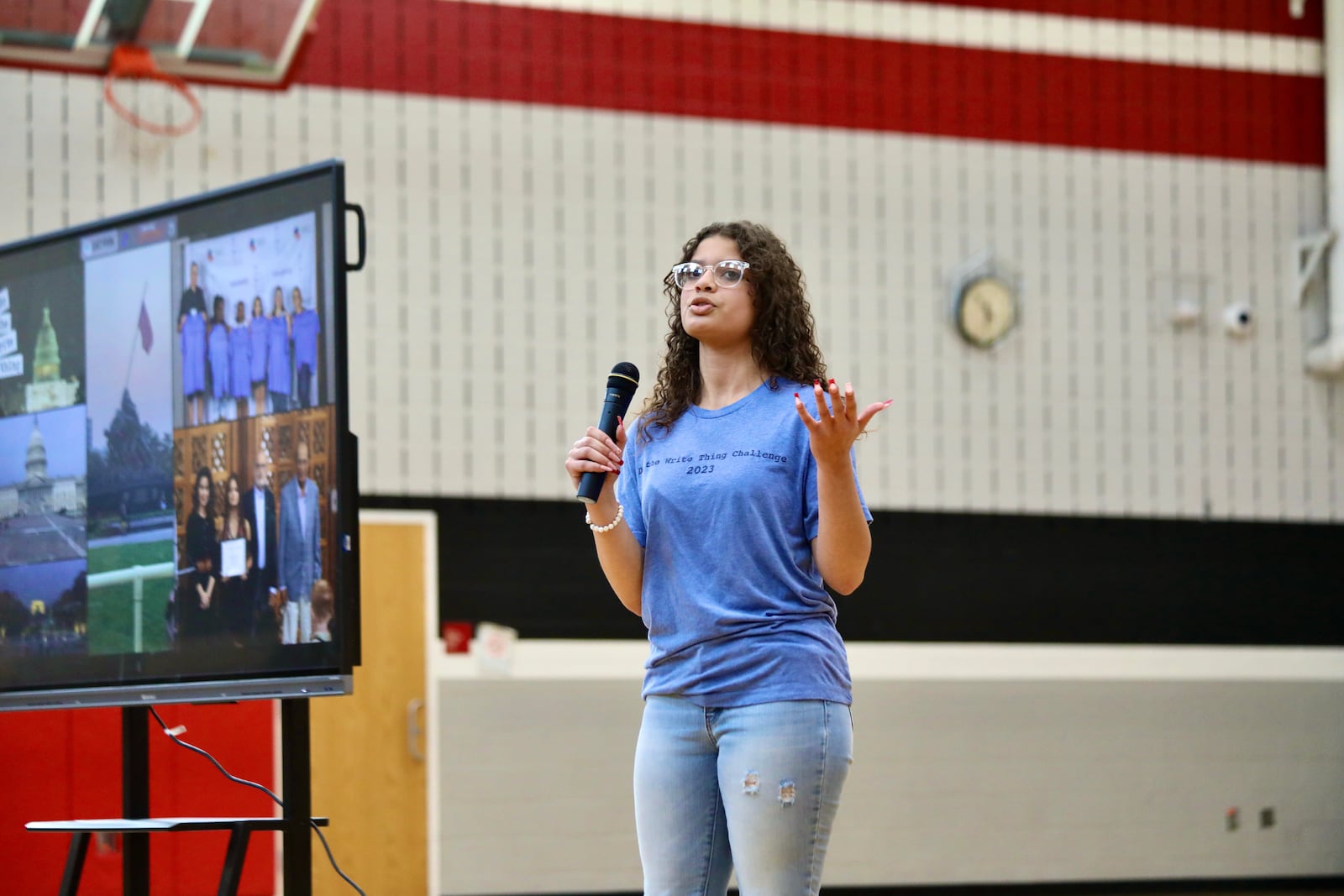 Springfield City School District middle school students are participating in the Do the Write Thing (DtWT) Challenge for the fourth year in a row. The initiative launched this year with a kick-off assembly at each school featuring Trauma Recovery Center Director Stephen Massey from CitiLookout in Springfield and 2022-2023 DtWT winner and Springfield High School freshman, Corinna Jackson (pictured). Contributed