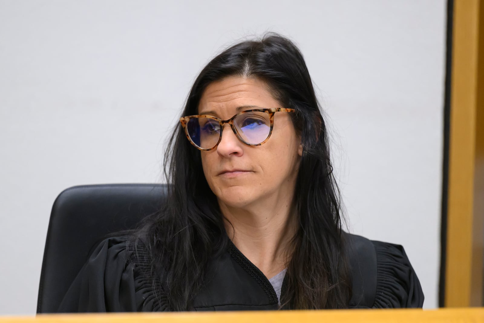 Probate court judge Catherine Sala oversees a hearing by Tayna Zuvers to have her sons Andrew, Alexander, and Tanner Skelton be officially declared deceased, at Lenawee County probate court, in Adrian, Mich., March 3, 2025. (David Guralnick/Detroit News via AP)