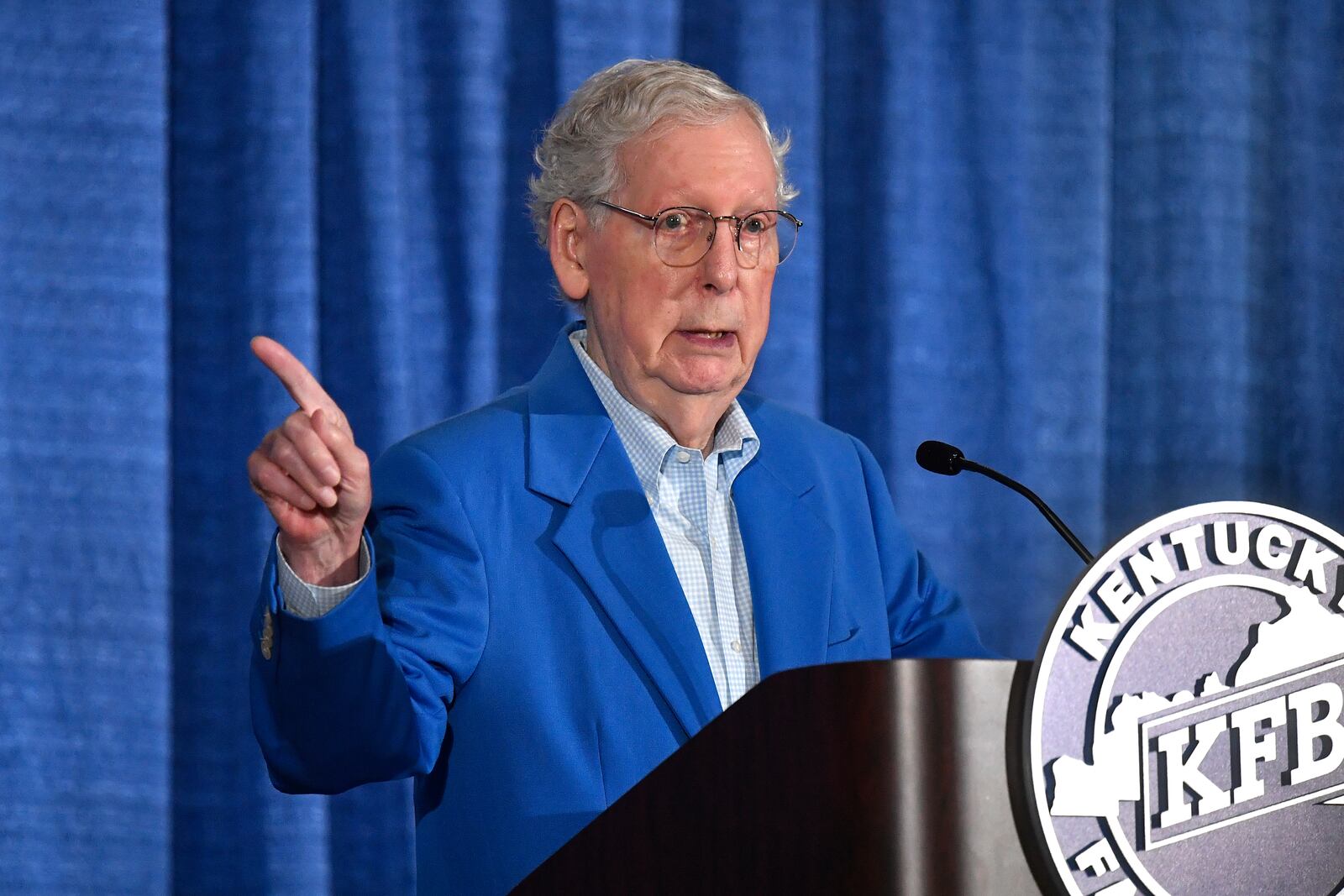 FILE - Senate Minority Leader Mitch McConnell, R-Ky., speaks tat the Kentucky State Fair Ham Breakfast at the Kentucky Exhibition Center in Louisville, Ky., Aug. 22, 2024. (AP Photo/Timothy D. Easley, File)