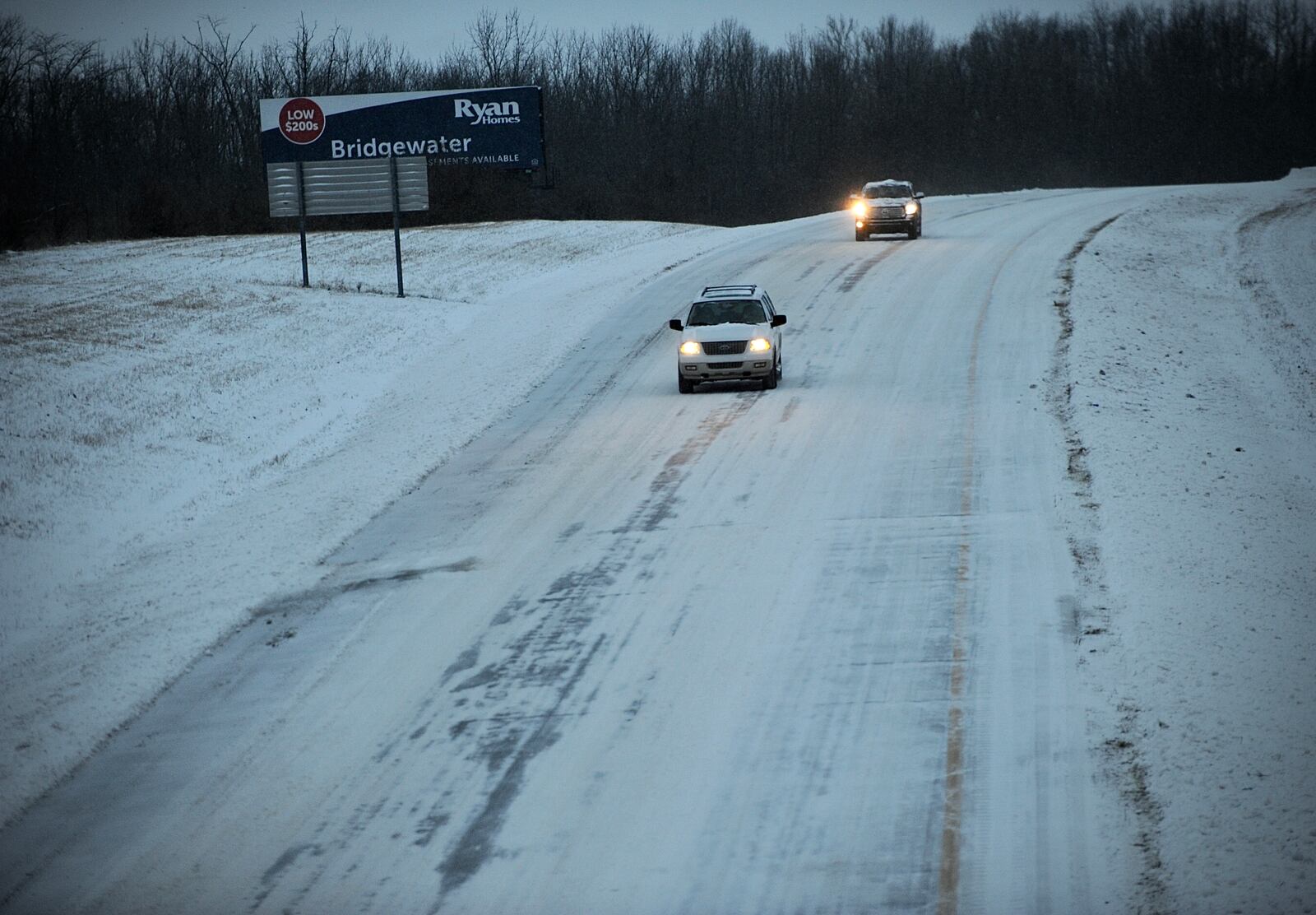 US 68 in Clark County Friday morning Feb.  4, 2022 like other roads in the area are covered with ice and snow.