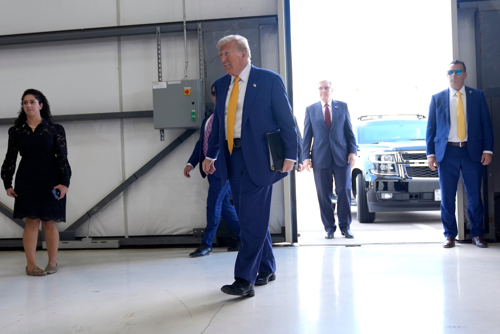 Republican presidential nominee former President Donald Trump arrives to speak at a news conference at Austin-Bergstrom International Airport, Friday, Oct. 25, 2024, in Austin, Texas. (AP Photo/Alex Brandon)