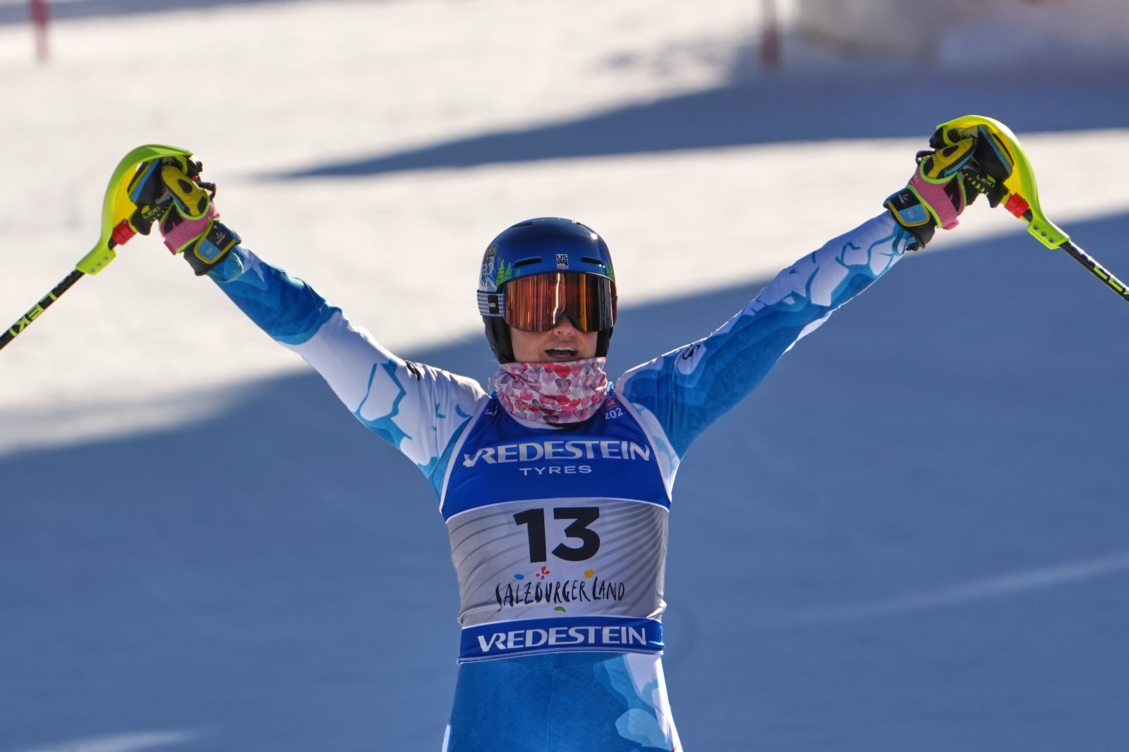 United States' Paula Moltzan celebrates at the finish area of a women's slalom, at the Alpine Ski World Championships, in Saalbach-Hinterglemm, Austria, Saturday, Feb. 15, 2025. (AP Photo/Giovanni Auletta)