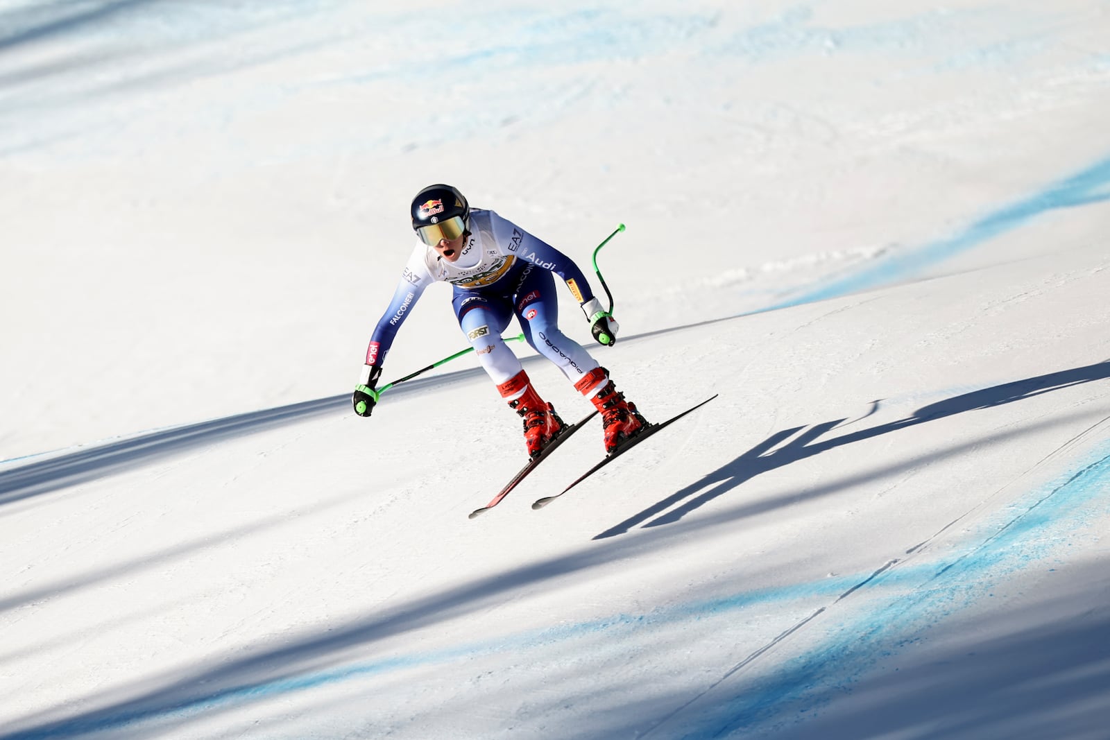 Italy's Sofia Goggia speeds down the course during an alpine ski, women's World Cup downhill, in Cortina d'Ampezzo, Italy, Saturday, Jan. 18, 2025 (AP Photo/Marco Trovati)