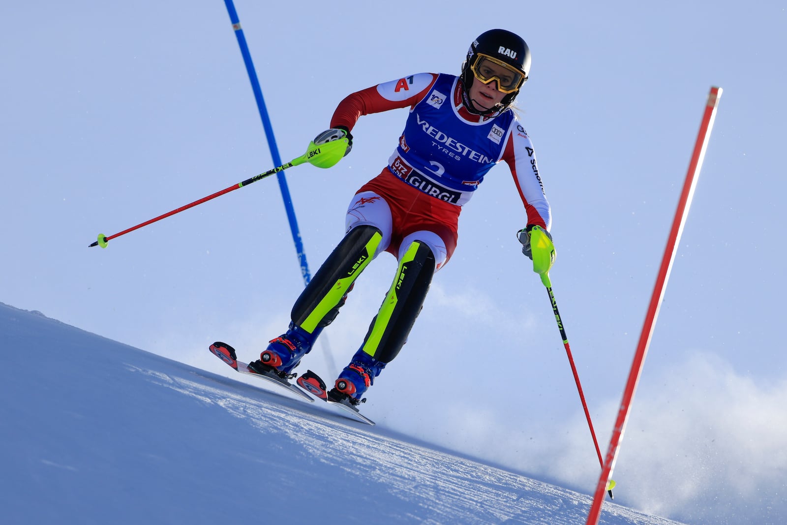 Austria's Katharina Liensberger speeds down the course during an alpine ski, women's World Cup slalom, in Gurgl, Austria, Saturday, Nov. 23, 2024. (AP Photo/Giovanni Maria Pizzato)