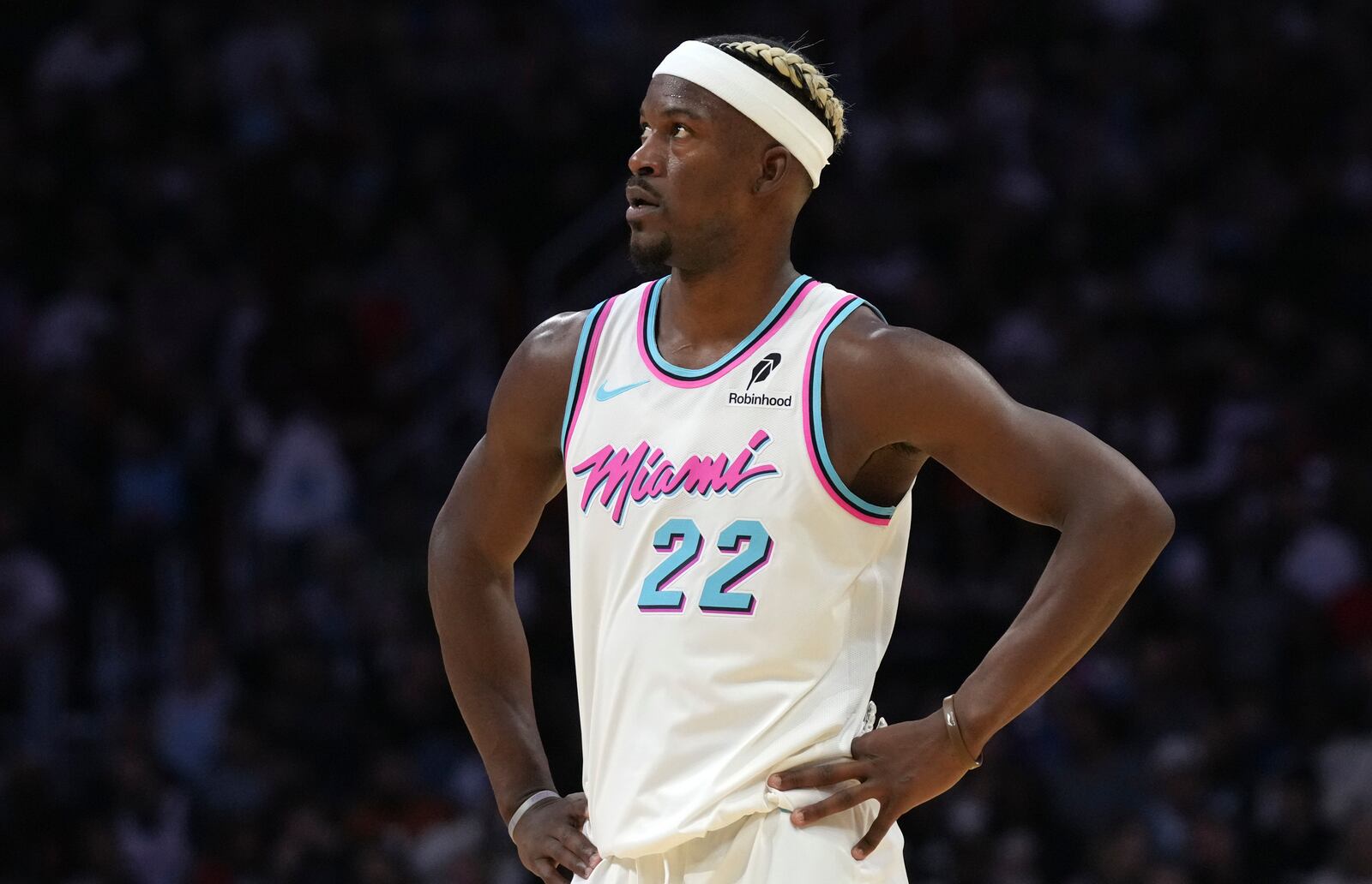 Miami Heat forward Jimmy Butler stands on the court during the second half of an NBA basketball game against the Denver Nuggets, Friday, Jan. 17, 2025, in Miami. (AP Photo/Lynne Sladky)