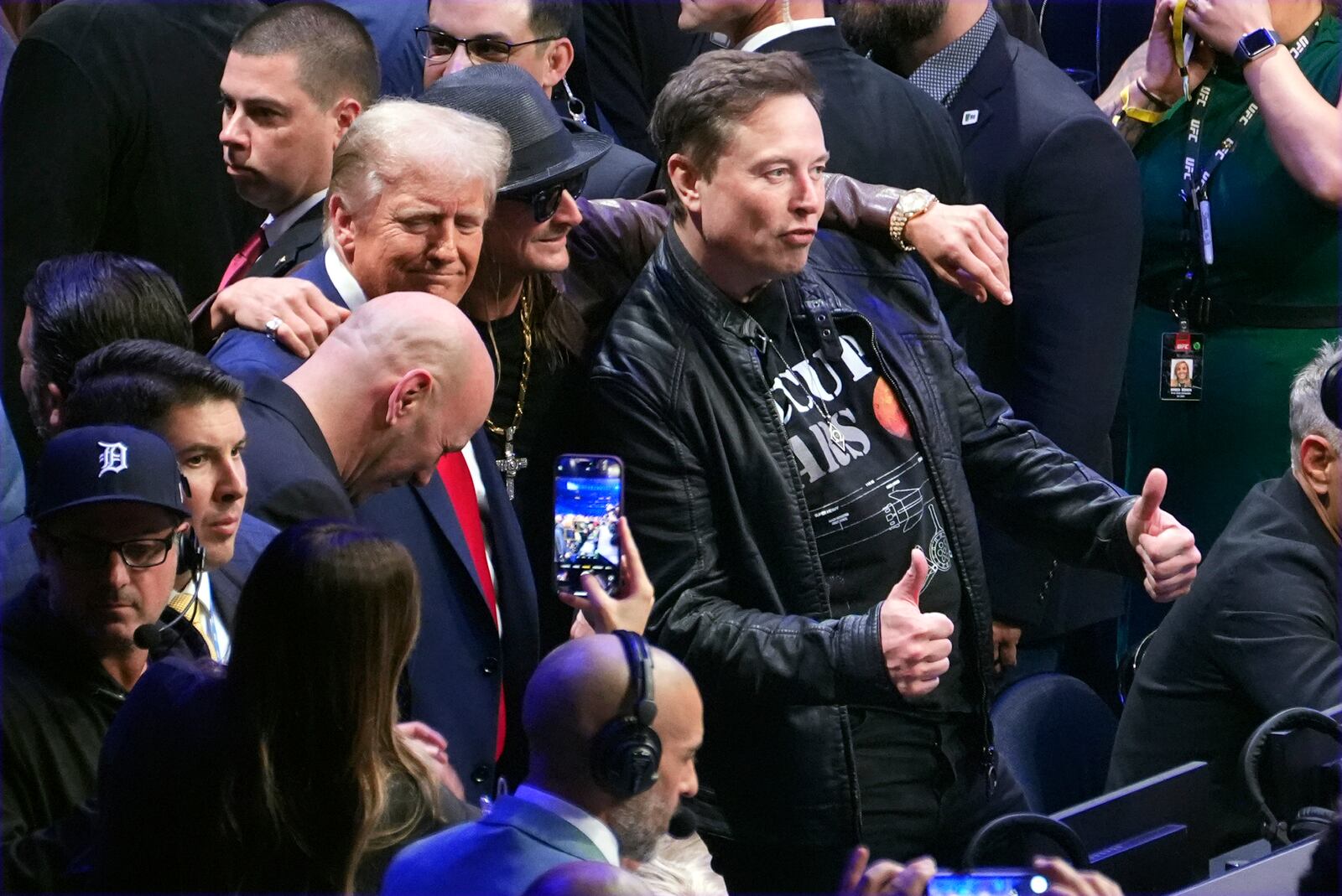 President-elect Donald Trump poses for a photo with Kid Rock and Elon Musk as they arrive at UFC 309 at Madison Square Garden, Saturday, Nov. 16, 2024, in New York. (AP Photo/Evan Vucci)