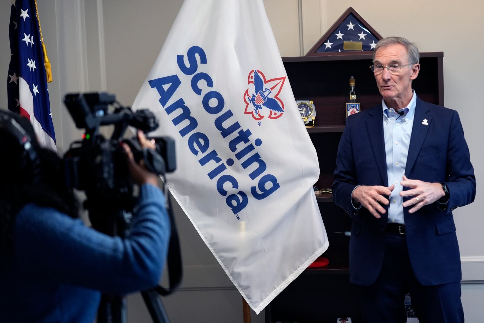 Roger Krone, chief executive officer of Scouting America, gives an interview at the organization's headquarters in Irving, Texas, Wednesday, Feb. 5, 2025. (AP Photo/LM Otero)