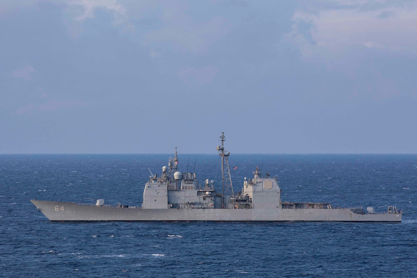 The Ticonderoga-class guided-missile cruiser USS Gettysburg (CG 64) steams in the Mediterranean Sea, Dec. 15, 2025. (Kaitlin Young/U.S. Navy via AP)