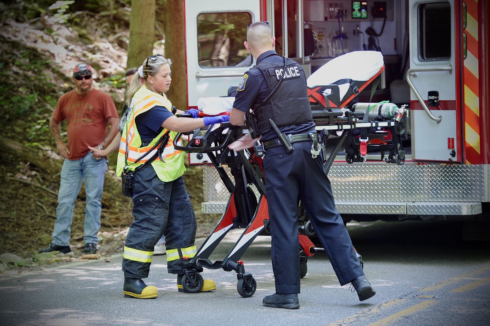 A motorcyclist was transported to the hospital via CareFlight after a crash on Enon-Xenia Road on Saturday. MARSHALL GORBY / STAFF