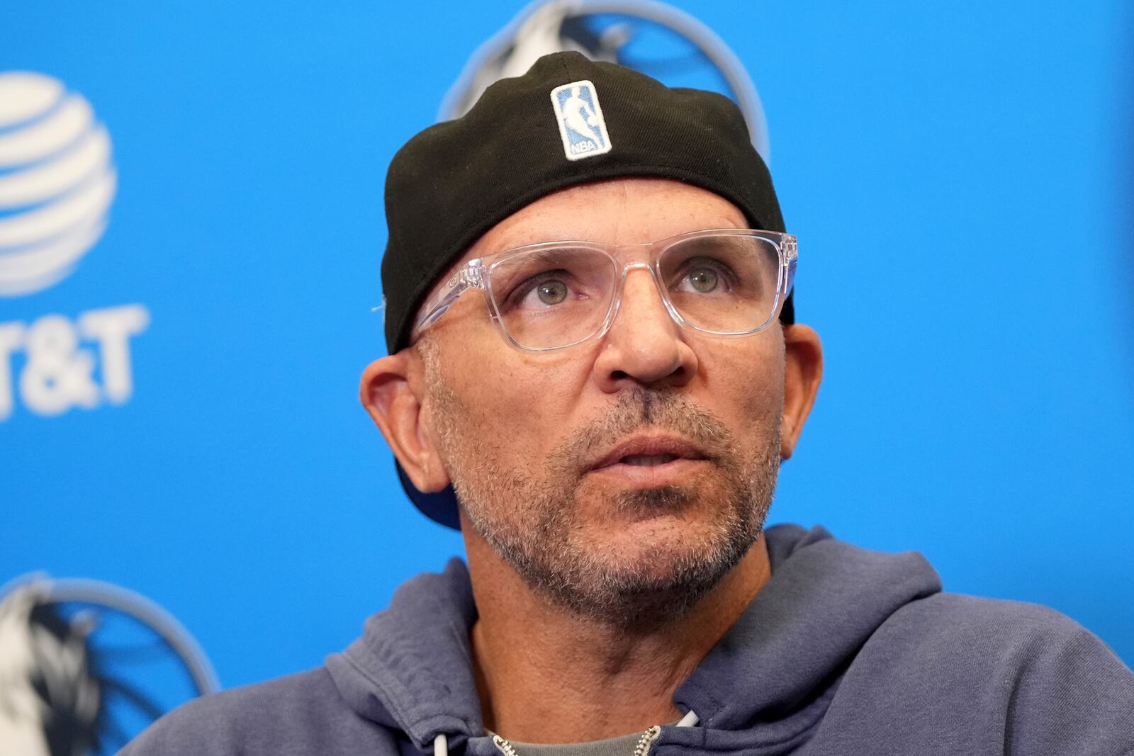 Dallas Mavericks head coach Jason Kidd responds to questions during a news conference after an NBA basketball practice at the team's training facility in Dallas, Thursday, Feb. 20, 2025. (AP Photo/Tony Gutierrez)