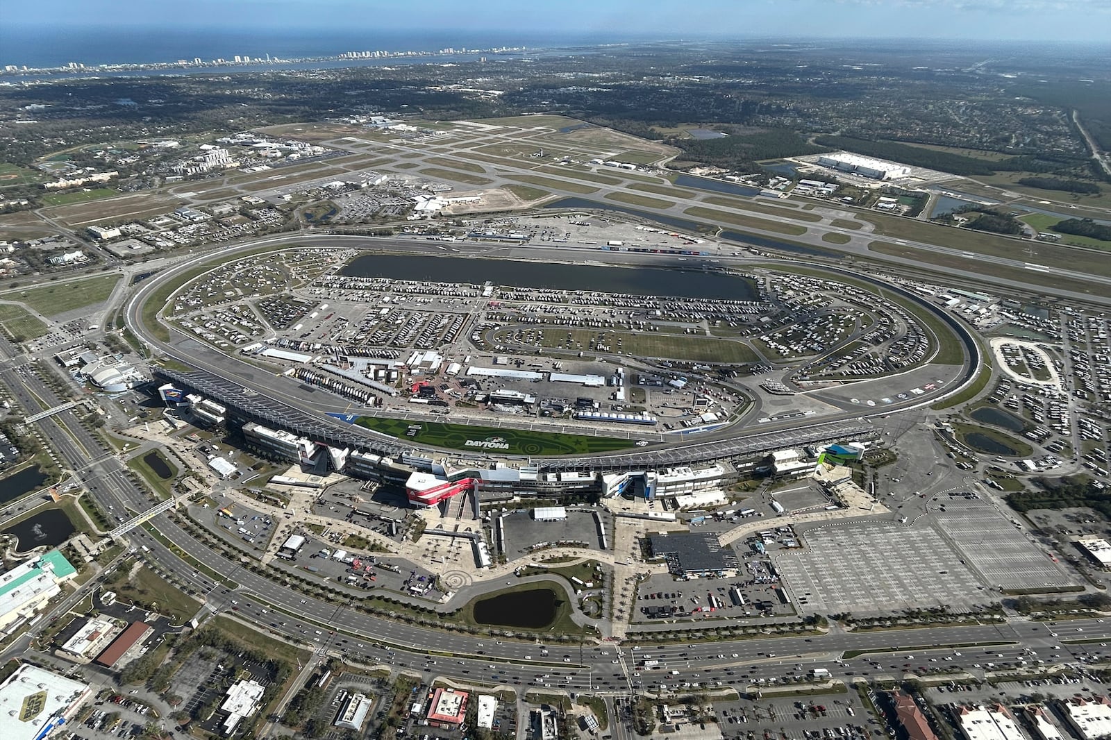 Daytona International Speedway is viewed the Goodyear Blimp, Wednesday, Feb. 12, 2025, in Daytona Beach, Fla. (AP Photo/Mark Long)