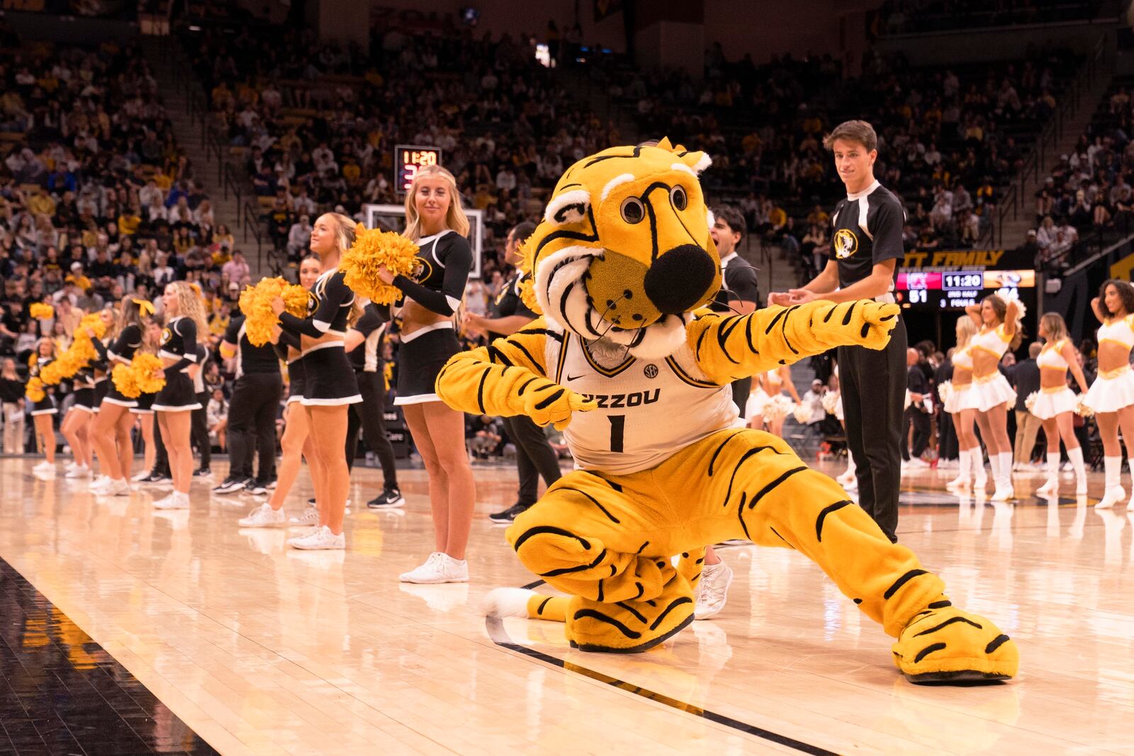 The Missouri mascot entertains the crowd during a timeout in the second half of an NCAA college basketball game against South Carolina, Tuesday, Feb. 25, 2025, in Columbia, Mo. (AP Photo/L.G. Patterson)