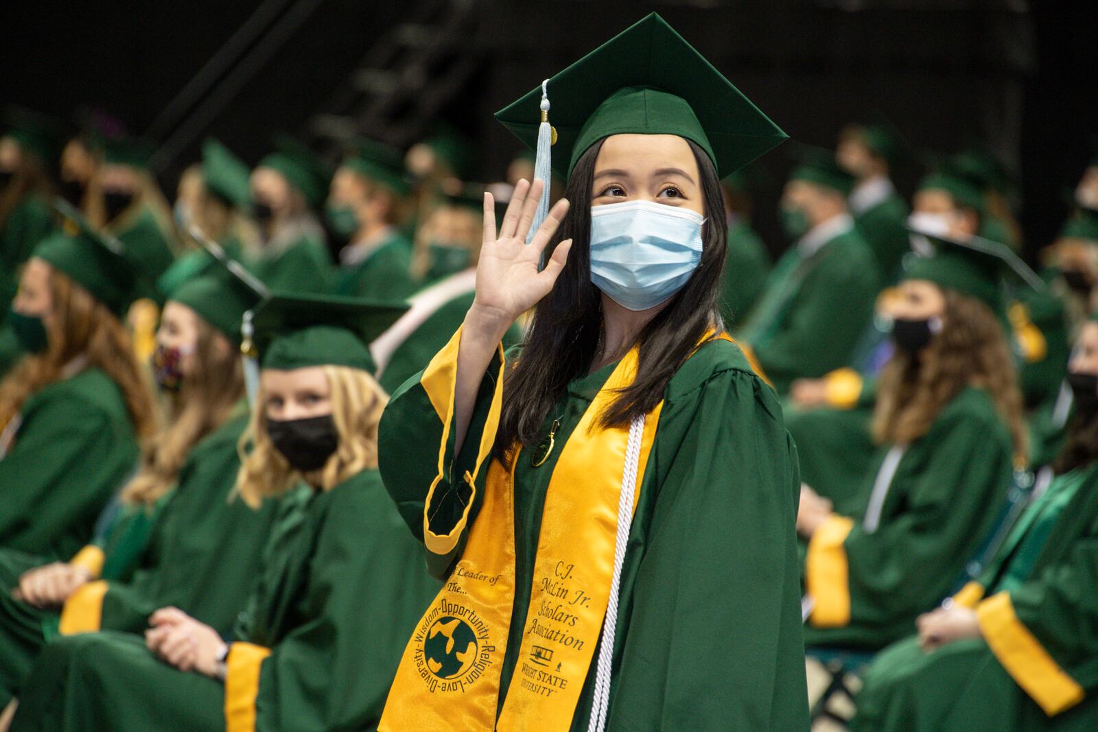 About 1,900 students graduated from Wright State University this weekend. WSU held in-person commencement this year, holding four separate ceremonies to accommodate social distancing measures and requiring attendees to abide by university COVID-19 protocols. Ohio Gov. Mike DeWine and Mary H. Boosalis, president and CEO of Premier Health, gave video addresses to the graduates. The spring class of 2021 includes graduates with 1,434 bachelor’s degrees, 455 master’s degrees, 28 doctoral degrees and 28 associate degrees, according to the university. COURTESY OF WRIGHT STATE