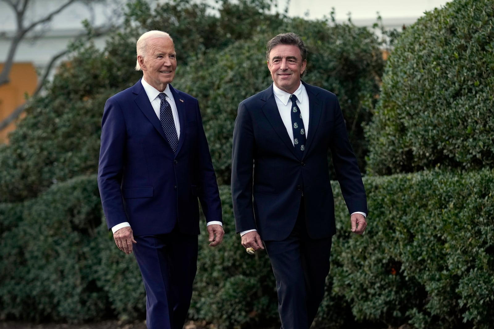 President Joe Biden, left, and Boston Celtics owner Wyc Grousbeck, right, arrive for an event celebrating the Boston Celtics' victory in the 2024 National Basketball Association Championship, on the South Lawn of the White House in Washington, Thursday, Nov. 21, 2024. (AP Photo/Susan Walsh)