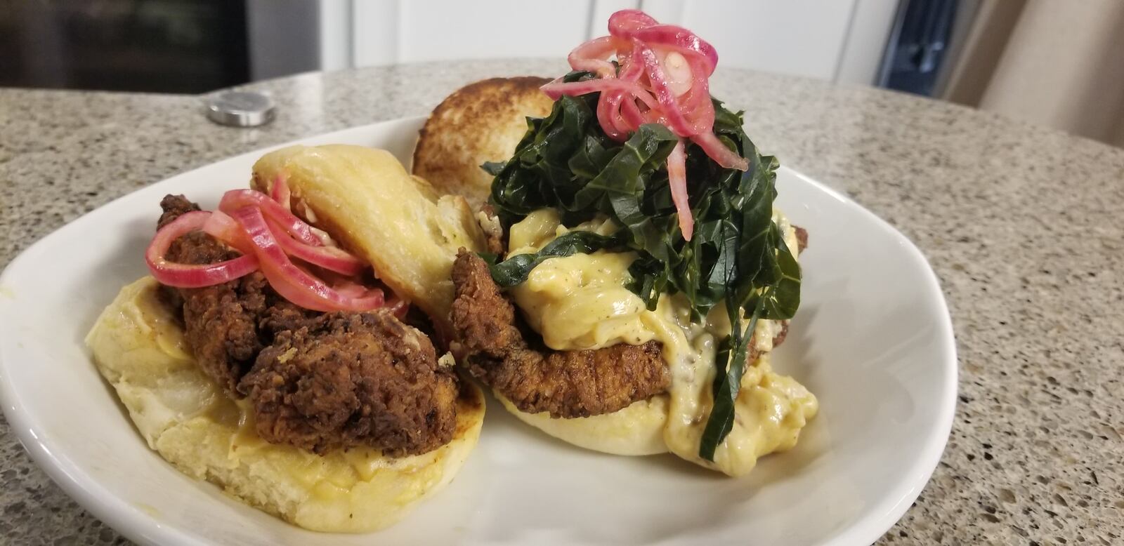 Specialty sandwiches at The Chicken Spot will include the Medusa, a chicken sandwiches topped with a cavatappi noodle Mac and Cheese, collard greens cut into ribbons and pickled onions.