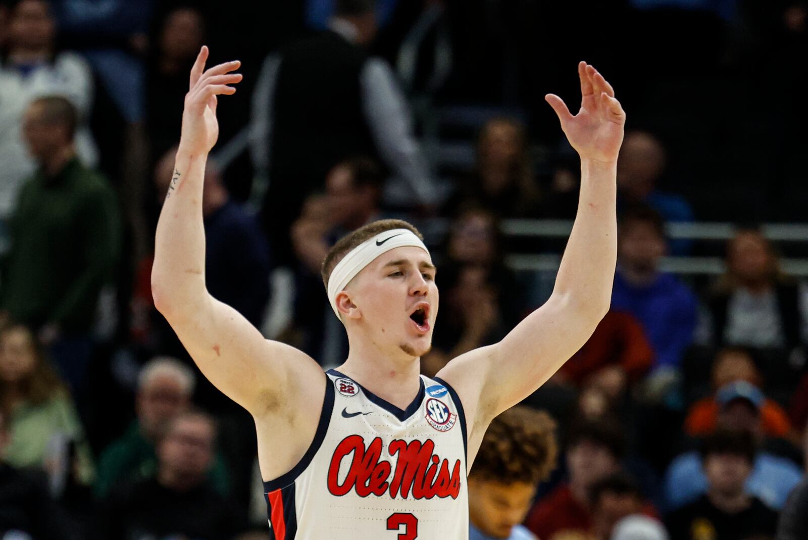 Mississippi Rebels guard Sean Pedulla reacts during a game against North Carolina in the first round of the NCAA college basketball tournament Friday, March 21, 2025, in Milwaukee. (AP Photo/Jeffrey Phelps)