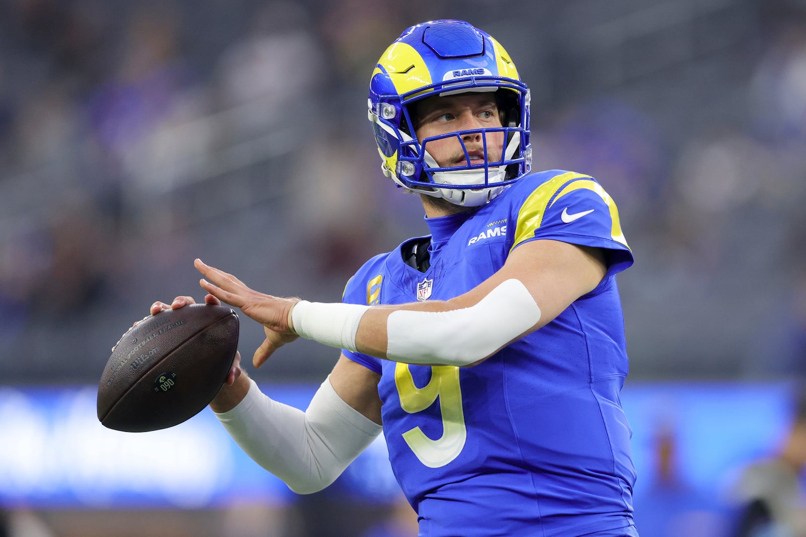 Los Angeles Rams quarterback Matthew Stafford warms up before an NFL football game against the Arizona Cardinals, Saturday, Dec. 28, 2024, in Inglewood, Calif. (AP Photo/Ryan Sun)