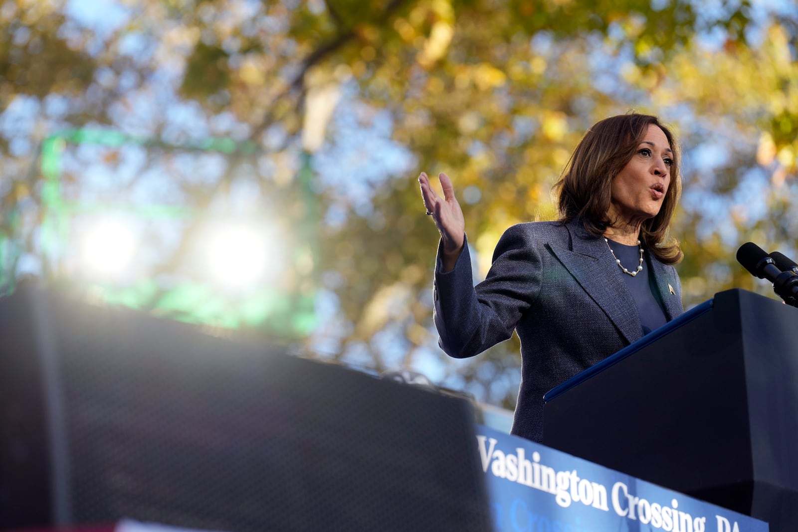 Democratic presidential nominee Vice President Kamala Harris speaks during a campaign event at Washington Crossing Historic Park, Wednesday, Oct. 16, 2024, in Washington Crossing, Pa. (AP Photo/Jacquelyn Martin)