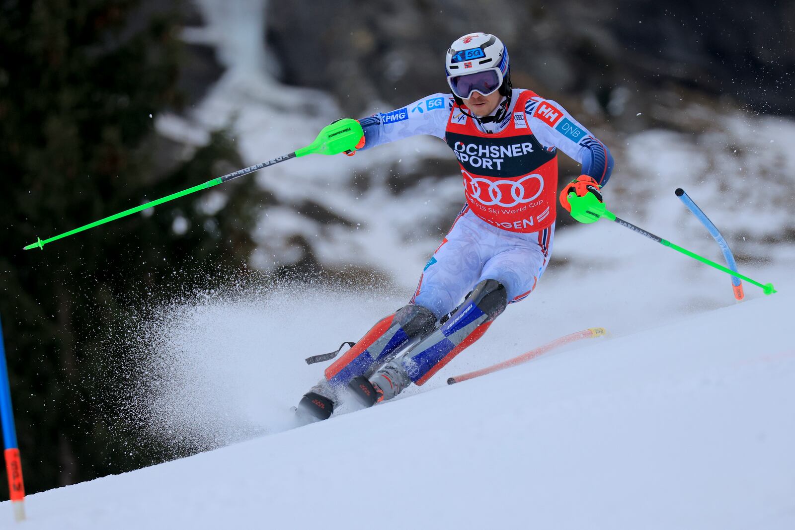 Norway's Henrik Kristoffersen competes in an alpine ski, men's World Cup slalom, in Wengen, Switzerland, Sunday, Jan. 19, 2025 (AP Photo/Giovanni Maria Pizzato)