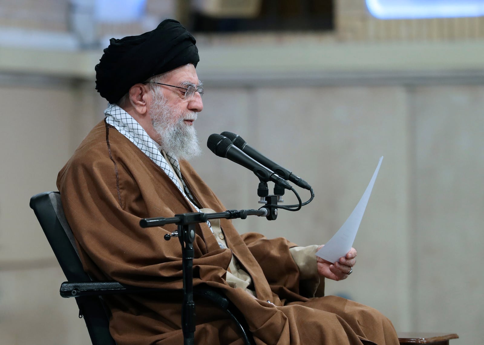 In this photo released by the official website of the office of the Iranian supreme leader, Supreme Leader Ayatollah Ali Khamenei attends a meeting with a group of air force officers in Tehran, Iran, Friday, Feb. 7, 2025. (Office of the Iranian Supreme Leader via AP)