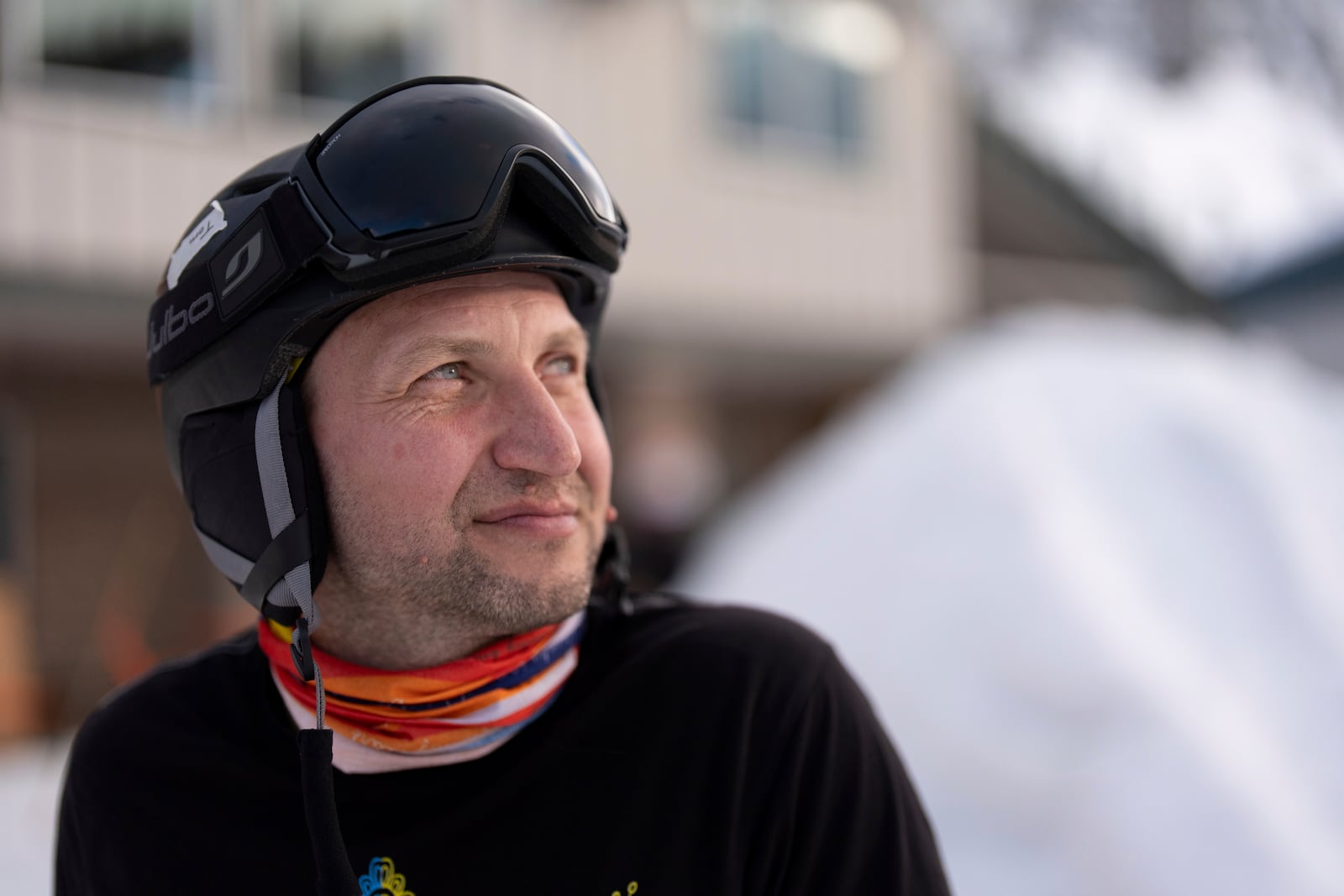 Ukrainian veteran Artem Pogorilyi poses for a photo after a lesson with Oregon Adaptive Sports on the three track skiing method at Hoodoo Ski Area in central Oregon on Thursday, March 6, 2025. (AP Photo/Jenny Kane)