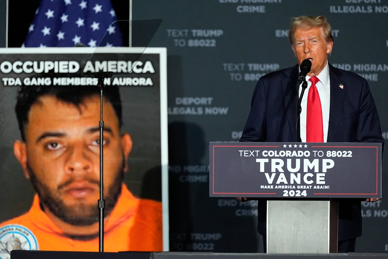 Republican presidential nominee former President Donald Trump speaks at a campaign rally at the Gaylord Rockies Resort and Convention Center Friday, Oct. 11, 2024, in Aurora, Colo. (AP Photo/David Zalubowski)