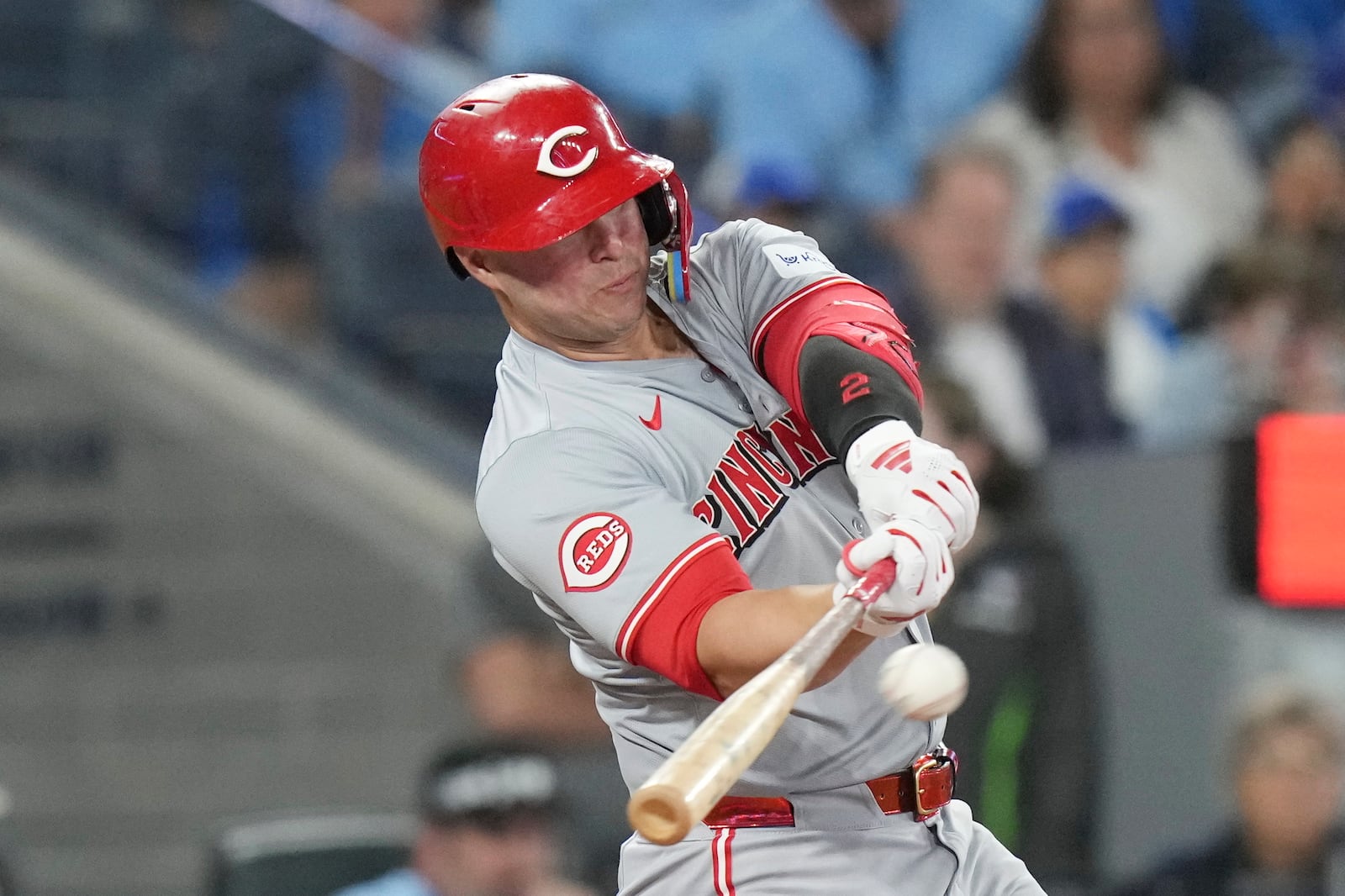 FILE -Cincinnati Reds' Ty France hits a two-run double off Toronto Blue Jays pitcher Ryan Burr during the sixth-inning of a baseball game game in Toronto, Monday, Aug. 19, 2024. First baseman Ty France and outfielder Nick Martini became free agents Friday, Nov. 1, 2024 when they refused outright assignments to Triple-A Louisville from the Cincinnati Reds.(Chris Young/The Canadian Press via AP, File)