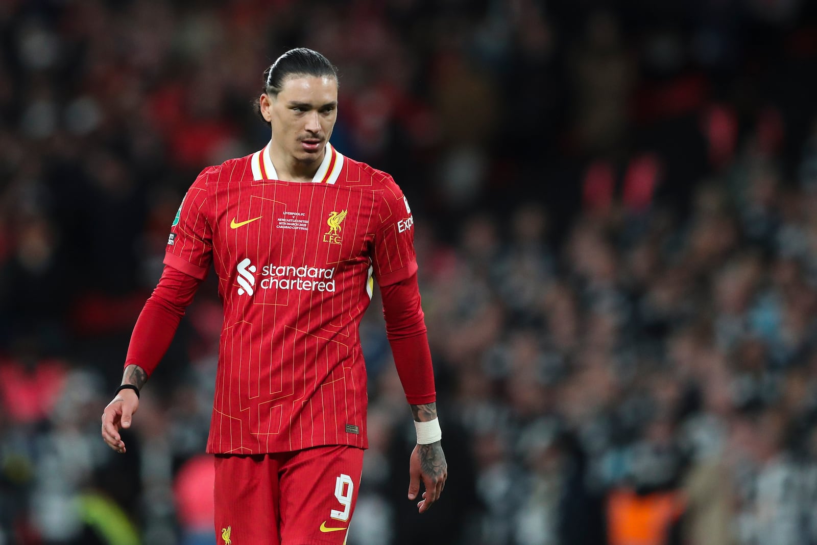 Liverpool's Darwin Nunez reacts during the EFL Cup final soccer match between Liverpool and Newcastle at Wembley Stadium in London, Sunday, March 16, 2025. (AP Photo/Scott Heppell)