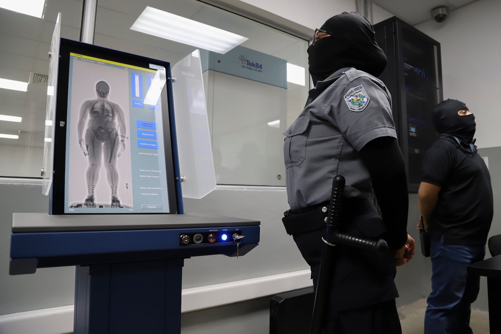 FILE - A body screening device used to register inmates is displayed during a media tour of the Terrorism Confinement Center, or CECOT, in Tecoluca, El Salvador, Feb. 2, 2023. (AP Photo/Salvador Melendez, File)