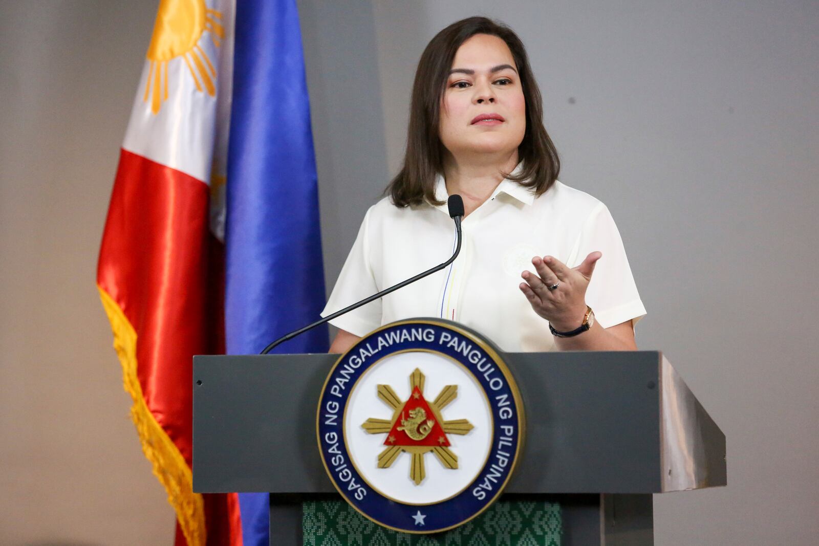 Philippine Vice President Sara Duterte gestures as she speaks during a press conference in Manila, Philippines on Friday, Feb. 7, 2025. (AP Photo/Basilio Sepe)