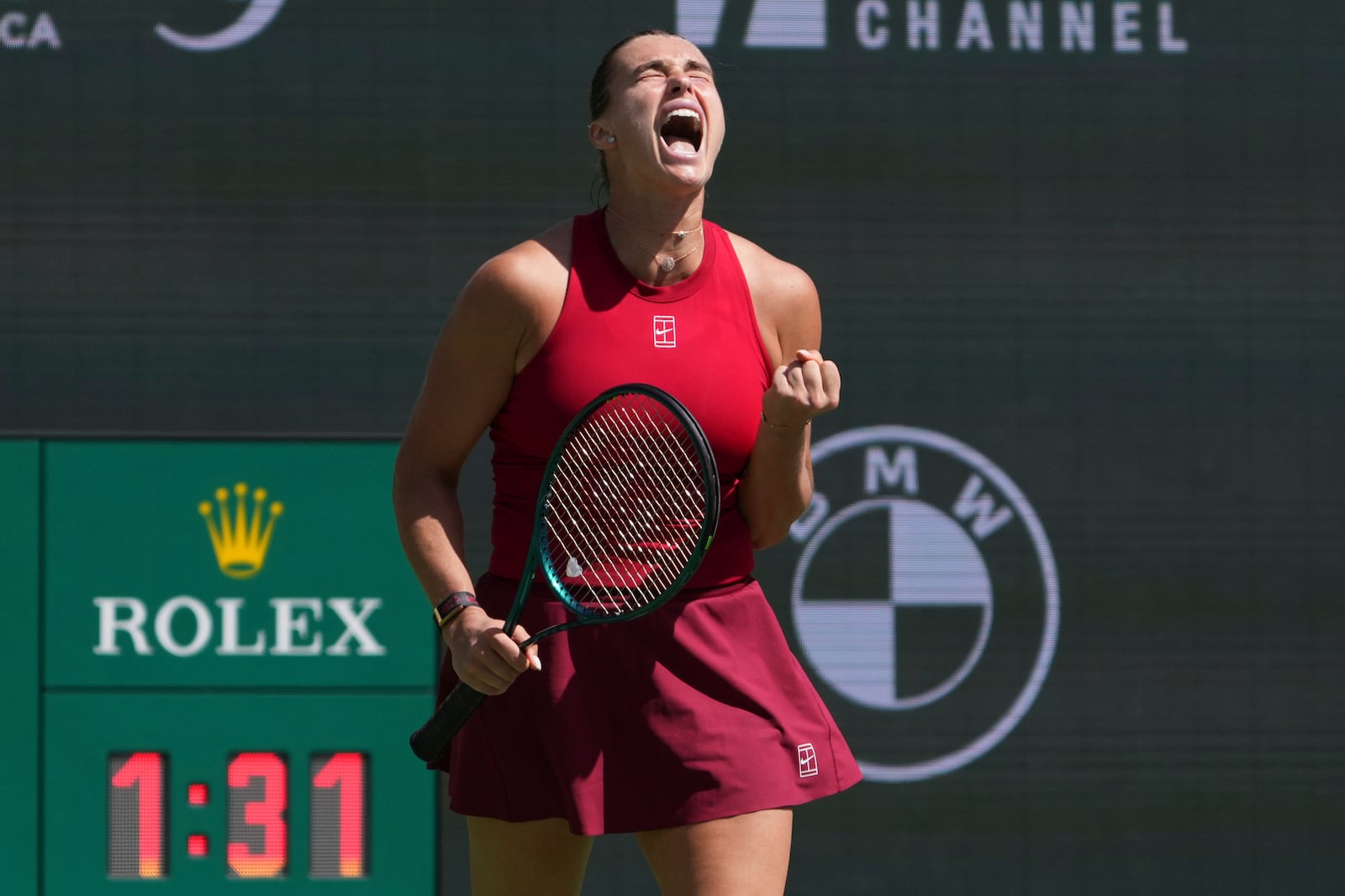 Aryna Sabalenka, of Belarus, reacts after winning a point over Mirra Andreeva, of Russia, during the final match at the BNP Paribas Open tennis tournament Sunday, March 16, 2025, in Indian Wells, Calif. (AP Photo/Mark J. Terrill)