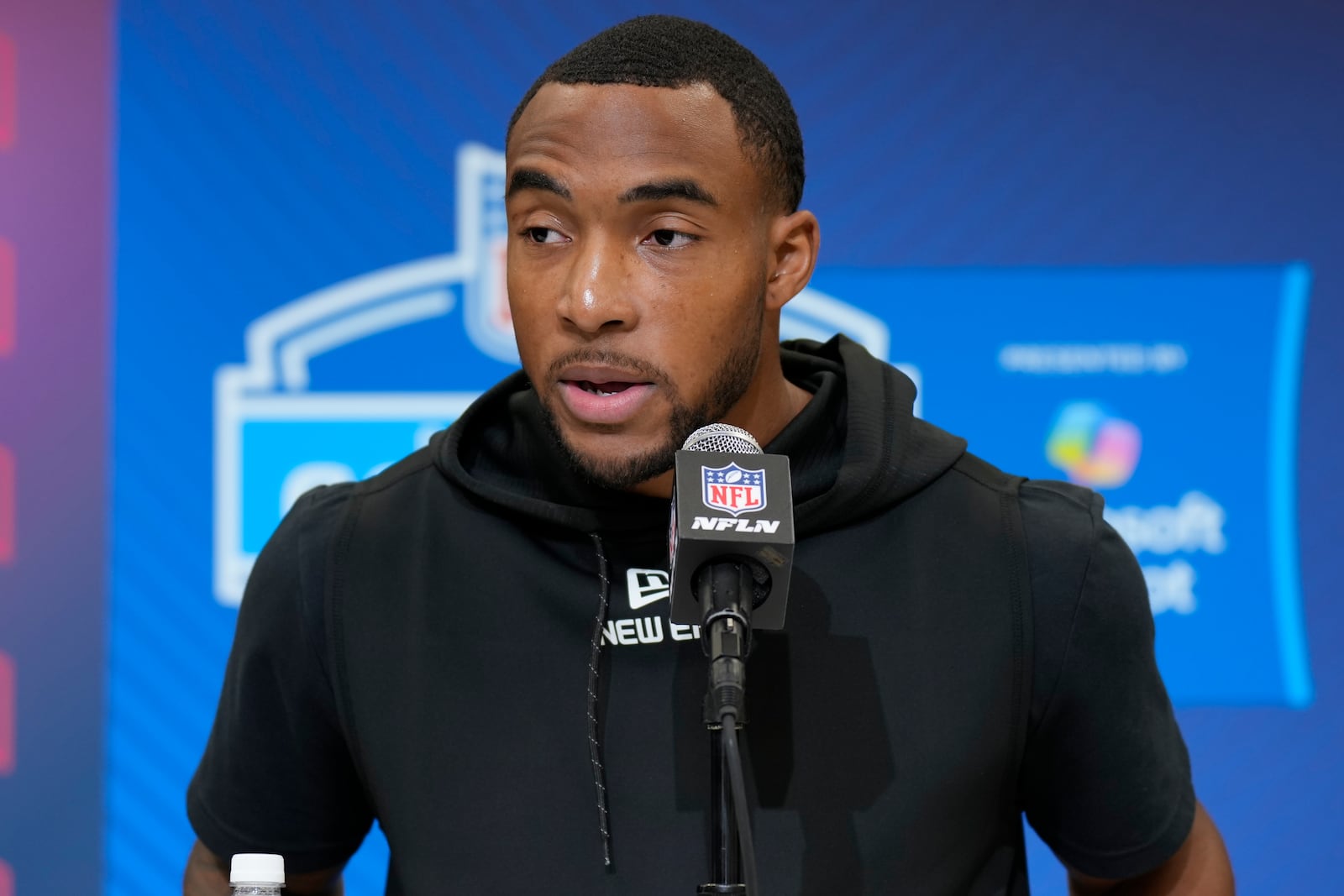 Ohio State running back TreVeyon Henderson speaks during a press conference at the NFL football scouting combine Friday, Feb. 28, 2025, in Indianapolis. (AP Photo/George Walker IV)