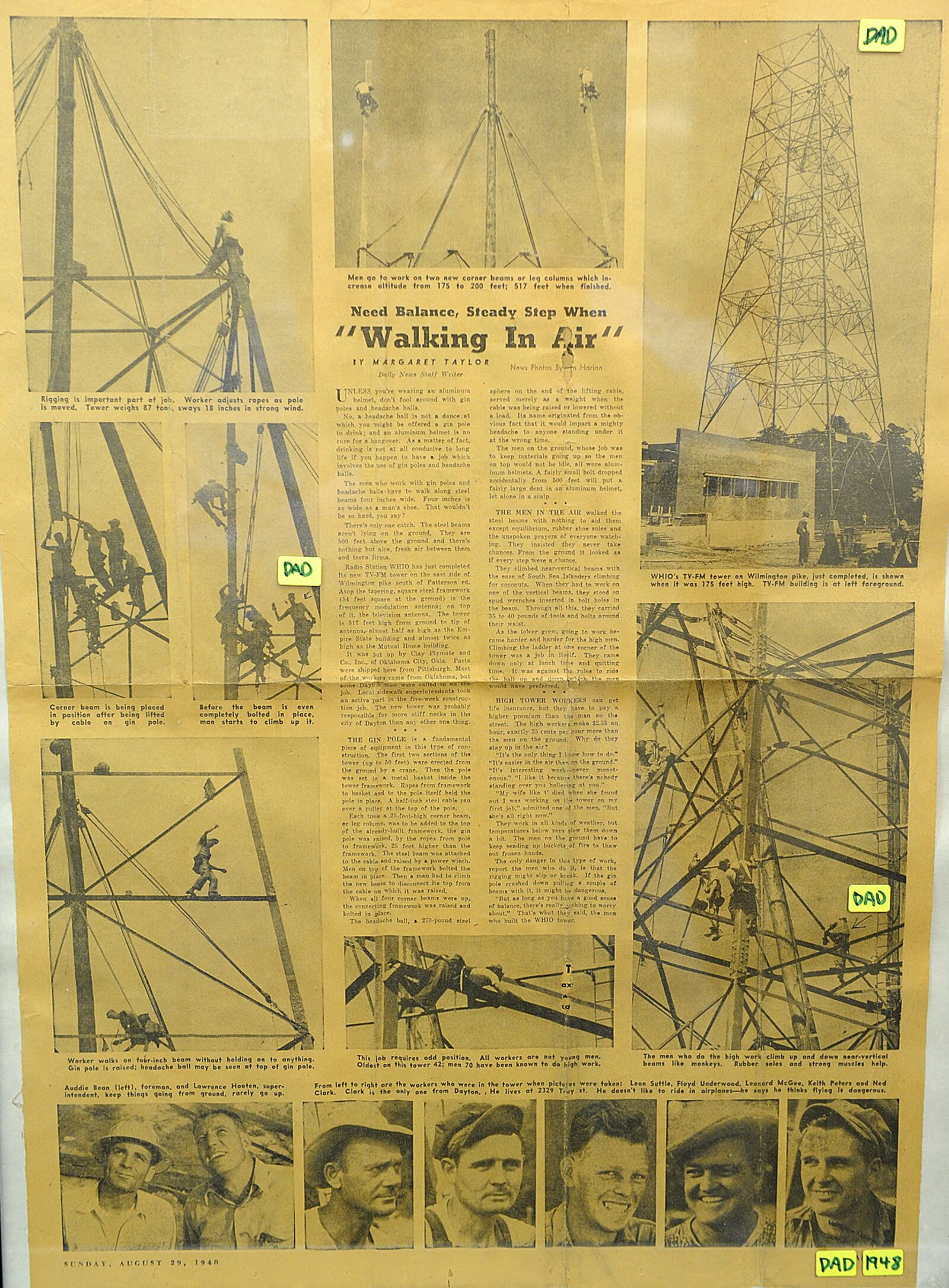 A page from the Aug. 29, 1948 Dayton Daily News. The photos are of the crew constructing the WHIO-TV tower.