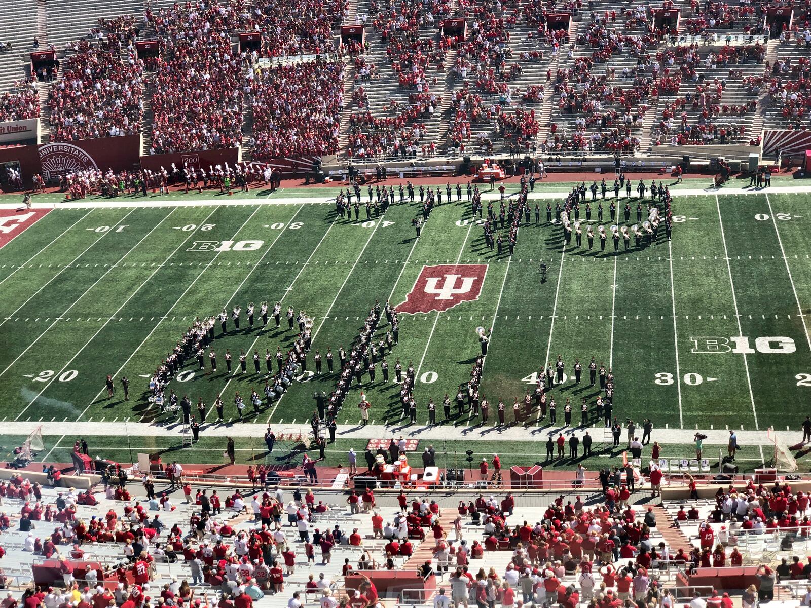 The Ohio State University Marching Band performs at Indiana's Memorial Stadium.