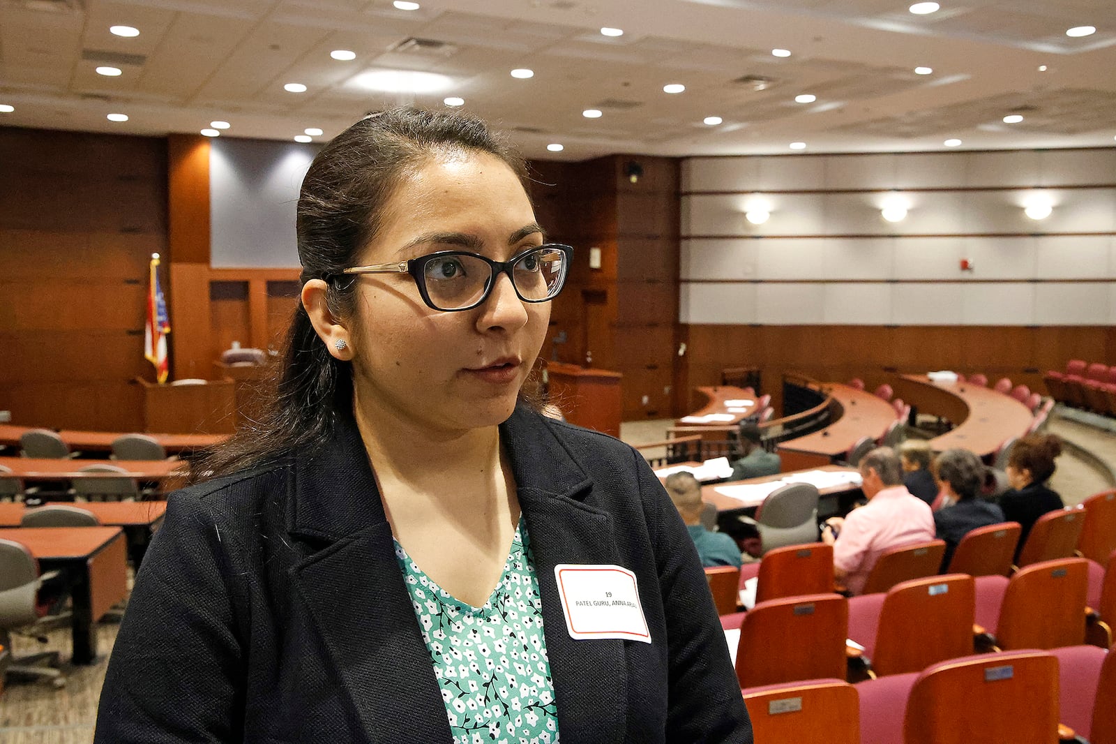 Anna Patel, a native of India who lives in Cincinnati, talks about her journey to become an American citizen before officially becoming a citizen during a naturalization ceremony held at the University of Dayton School of Law on Monday, Sept. 18, 2023. BILL LACKEY/STAFF