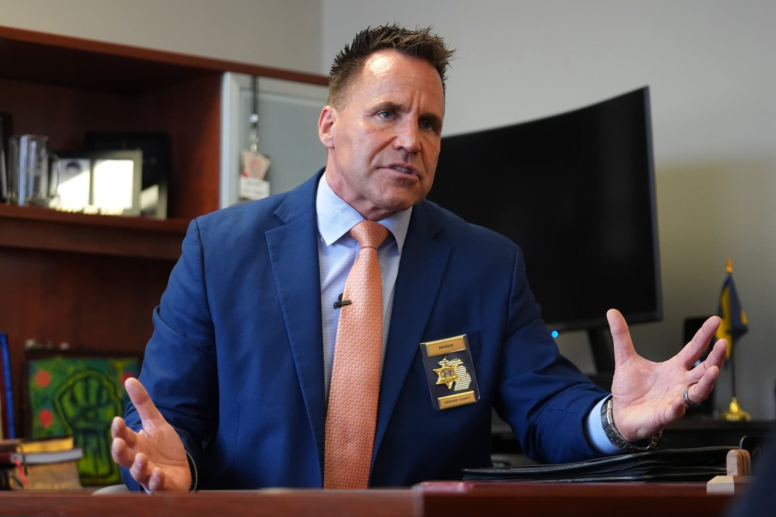 Genesee County Sheriff Chris Swanson talks in his office, Jan. 28, 2025 in Flint, Mich. (AP Photo/Paul Sancya)