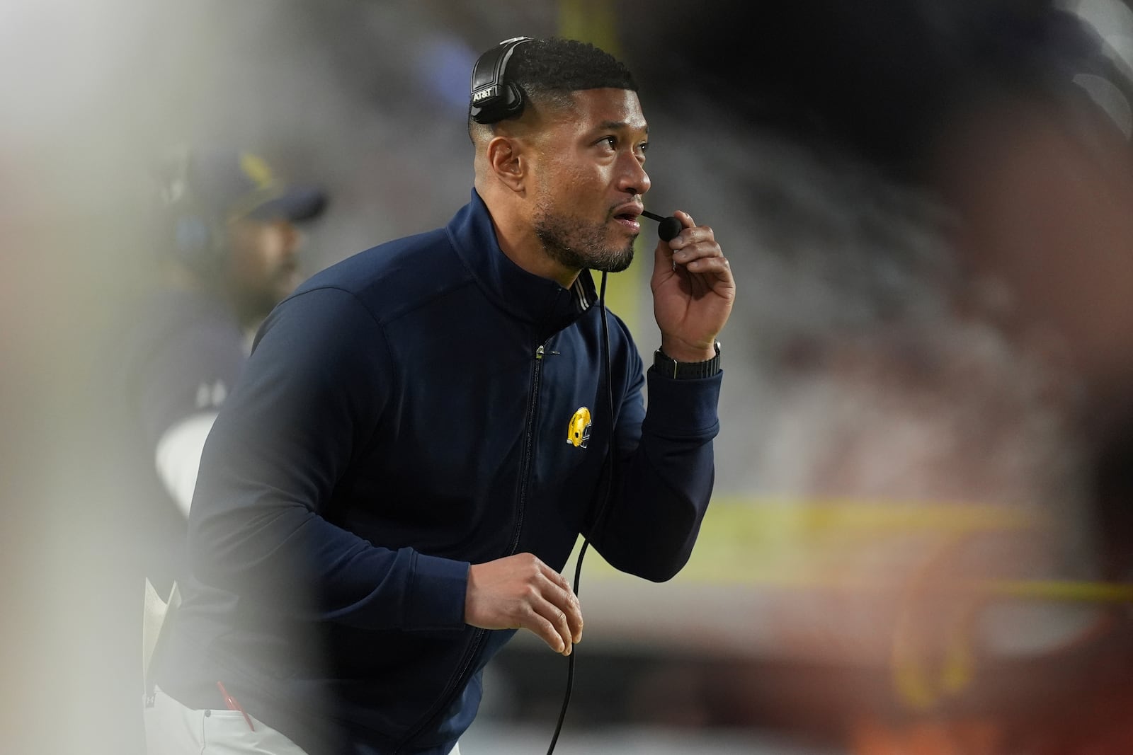 Notre Dame head coach Marcus Freeman looks up during the first half of the Orange Bowl NCAA College Football Playoff semifinal game against Penn State, Thursday, Jan. 9, 2025, in Miami Gardens, Fla. (AP Photo/Rebecca Blackwell)