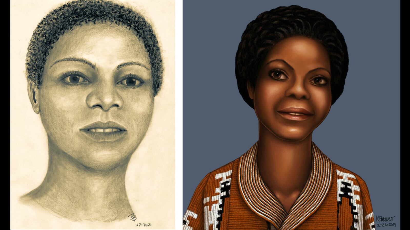 A woman dubbed Jane Seneca Doe when her body was found Oct. 2, 1976, in a Grundy County, Ill., ditch is pictured in artists’ renderings. Authorities continue trying to identify the woman, who was shot in the head, 43 years after her death.