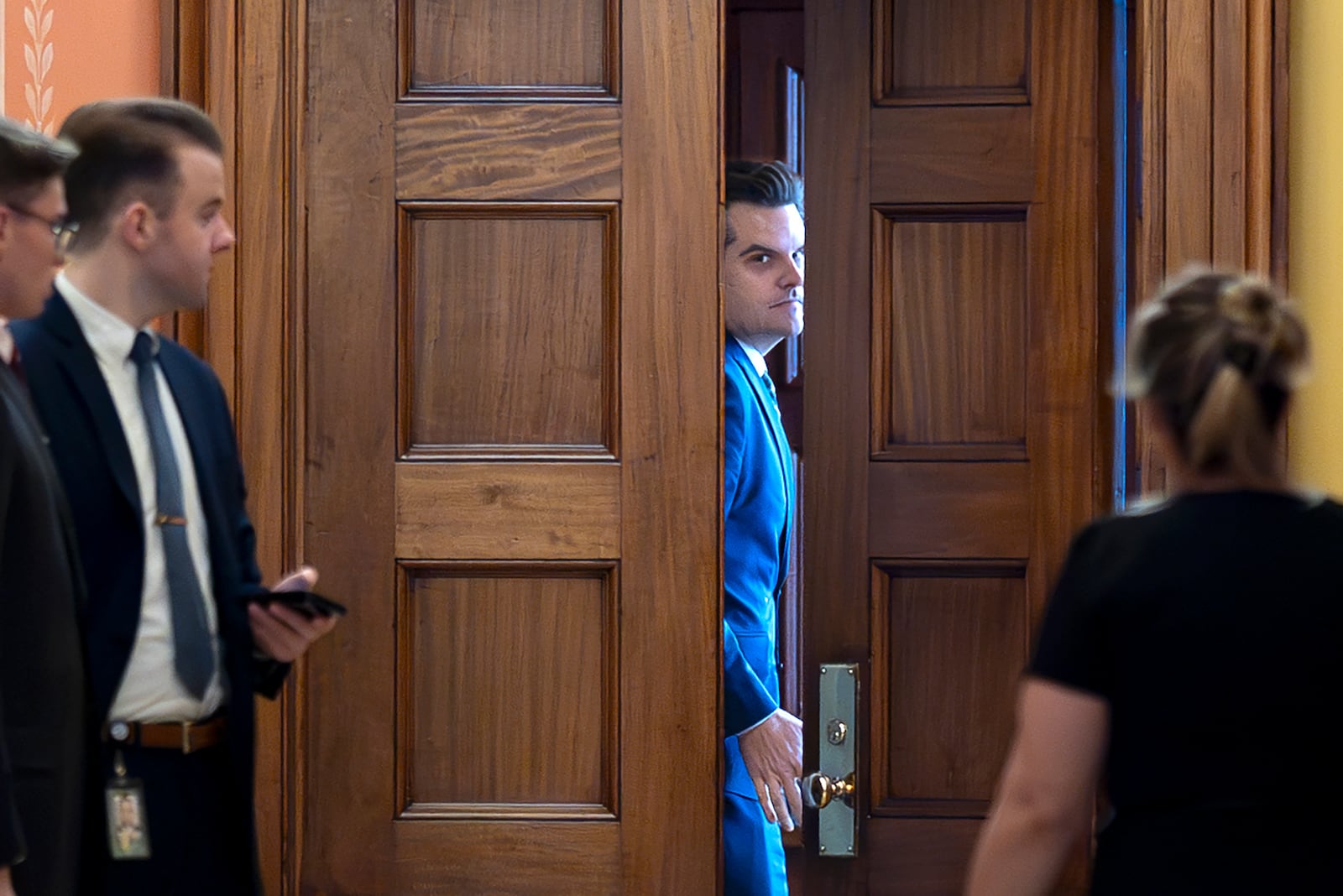 President-elect Donald Trump's nominee to be attorney general, former Rep. Matt Gaetz, R-Fla., closes a door to a private meeting with Vice President-elect JD Vance and Republican Senate Judiciary Committee members, at the Capitol in Washington, Wednesday, Nov. 20, 2024. (AP Photo/J. Scott Applewhite)