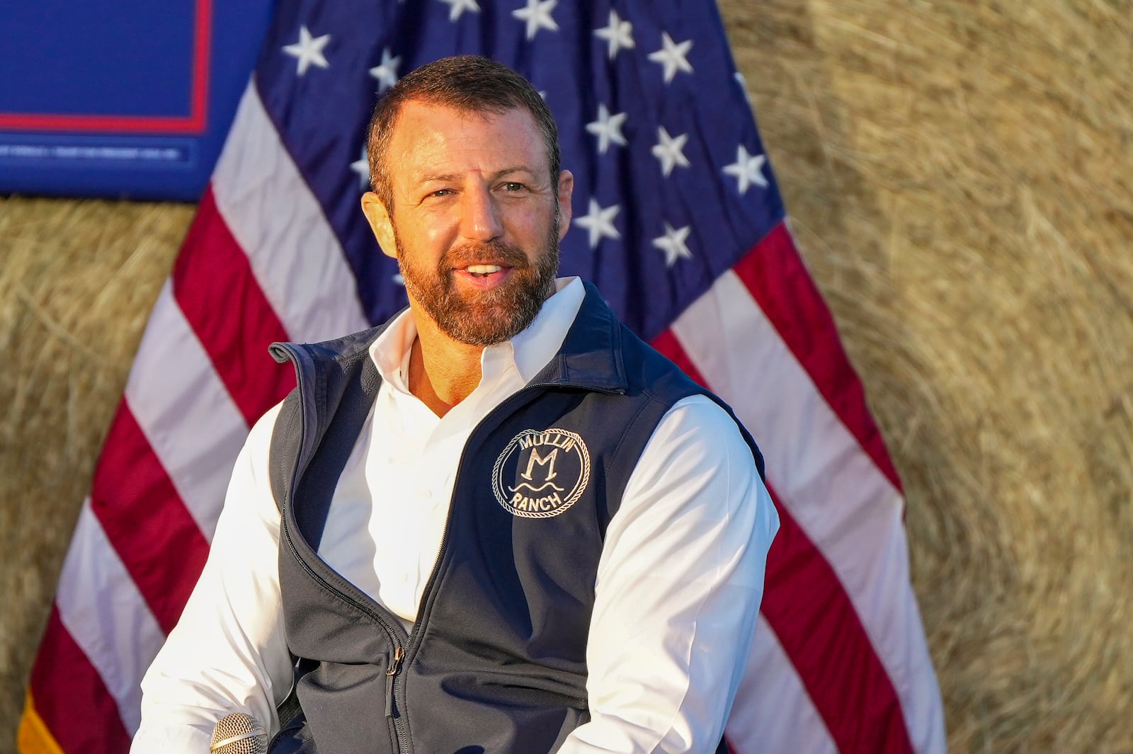 Sen Markwayne Mullin, R-Okla, appears at a campaign event in support of Republican president nominee former President Donad Trump, Friday, Oct. 18, 2024, in Red Springs, N.C. (AP Photo/David Yeazell)