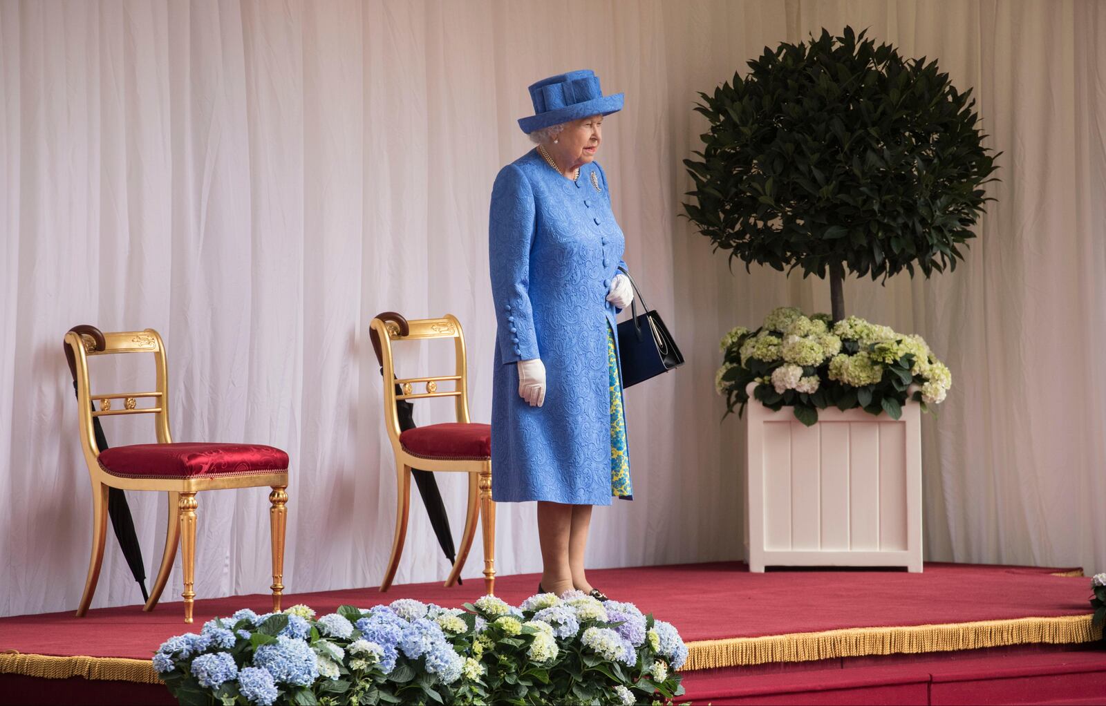 Britain's Queen Elizabeth II awaits the arrival of U.S. President Donald Trump at Windsor Castle on July 13, 2018 in Windsor, England.