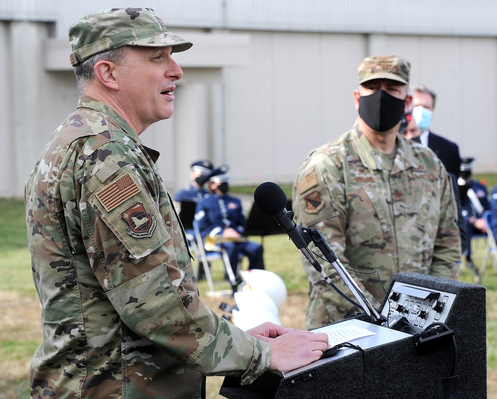 Colonel Maurizio Calabrese, Commander at the National Air and Space Intelligence Center at Wright-Patterson Air Force Base was one of the guest speakers Thursday at the groundbreaking ceremony for the Nation Air and Space Intelligence Center's (NASIC) Intelligence Production Complex lll military construction project. MARSHALL GORBY\STAFF