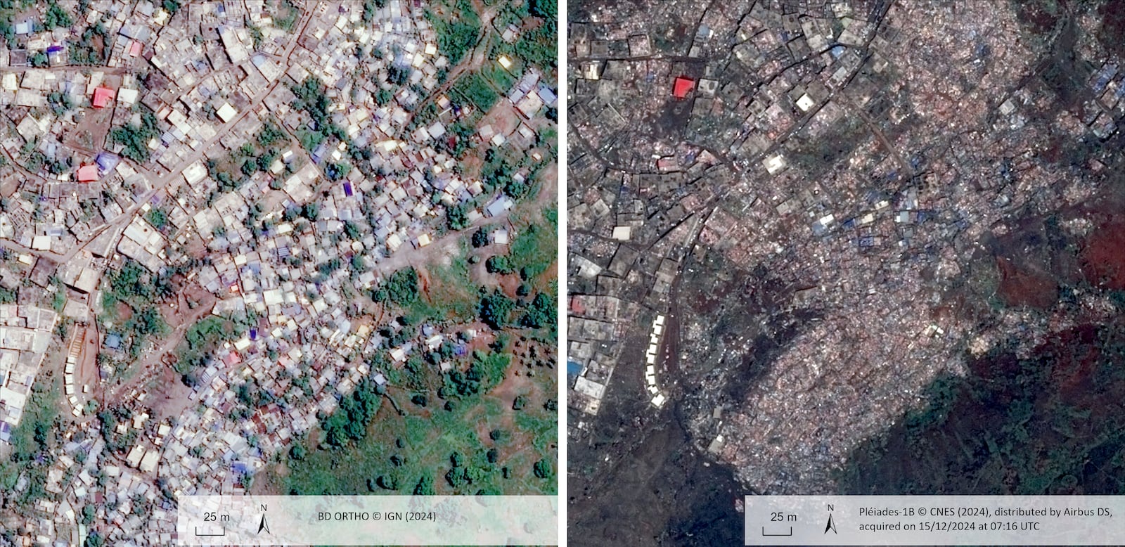 This undated satellite photo provided on Wednesday Dec. 18, 2024 by the Institut Geographique National (IGN), left, and the Centre National d'Etudes Spatiales (CNES) shows Bandrajou, before and after of the cyclone Chido in the Indian Ocean French territory of Mayotte. (IGN/CNES distributed by Airbus DS via AP)